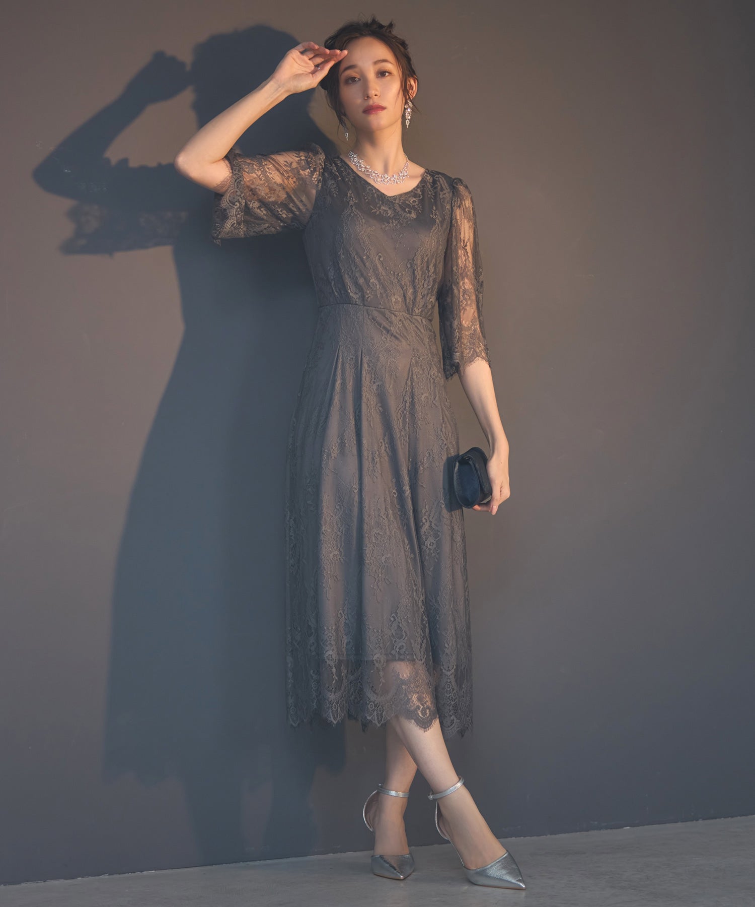 ワンピース ドレス 総レース Aライン ミモレ丈 結婚式 披露宴 パーティードレスdsz0078