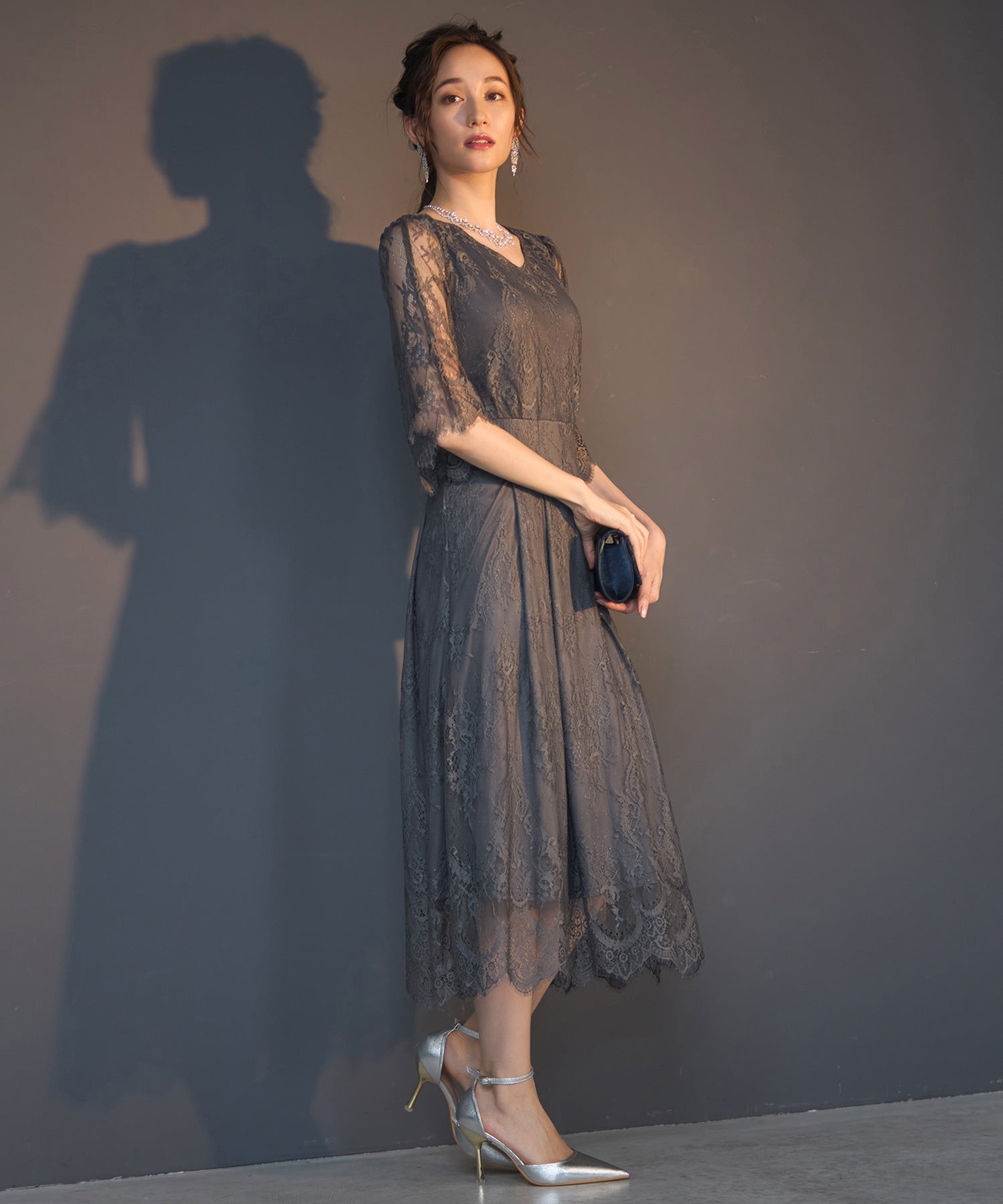 ワンピース ドレス 総レース Aライン ミモレ丈 結婚式 披露宴 パーティードレスdsz0078