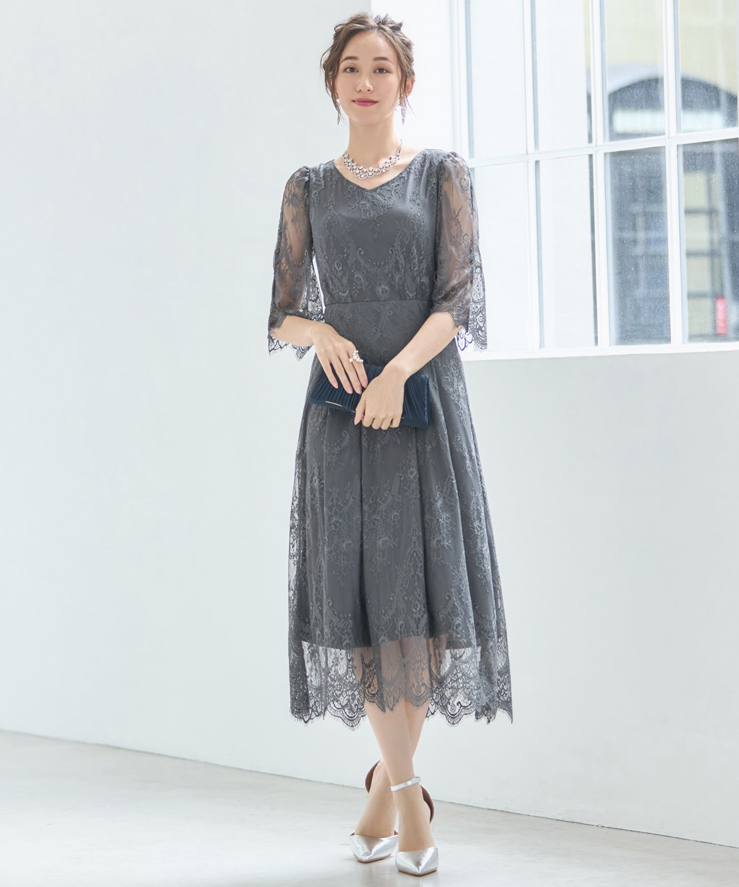 ワンピース ドレス 総レース Aライン ミモレ丈 結婚式 披露宴 パーティードレスdsz0078