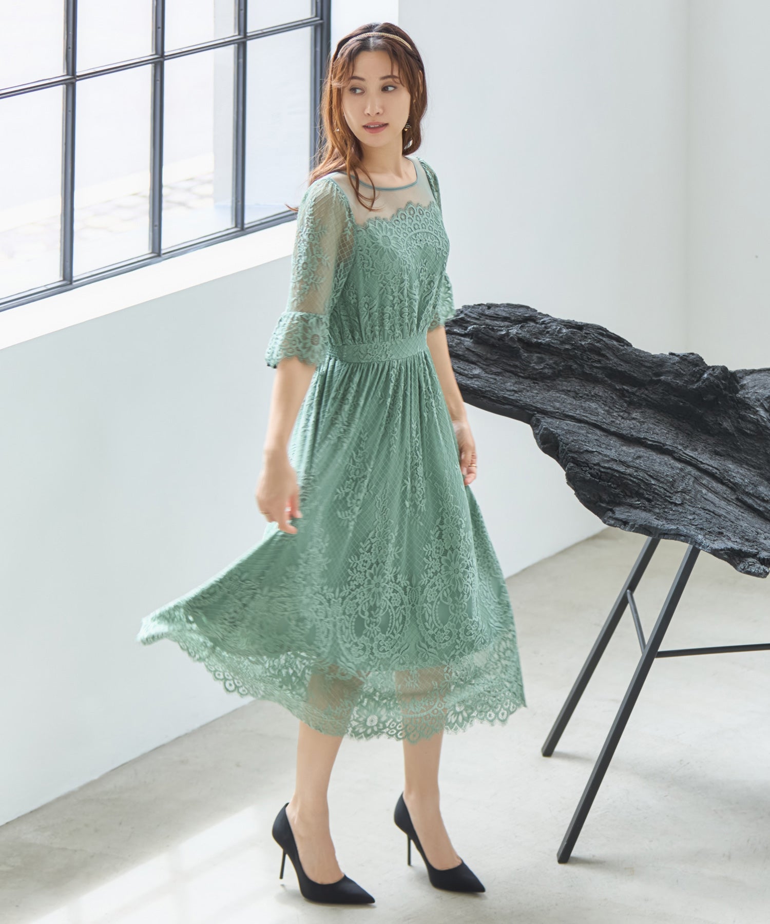 ワンピース ドレス レース チュール フレア Aライン ミモレ丈 パーティードレス 結婚式 dsz0079