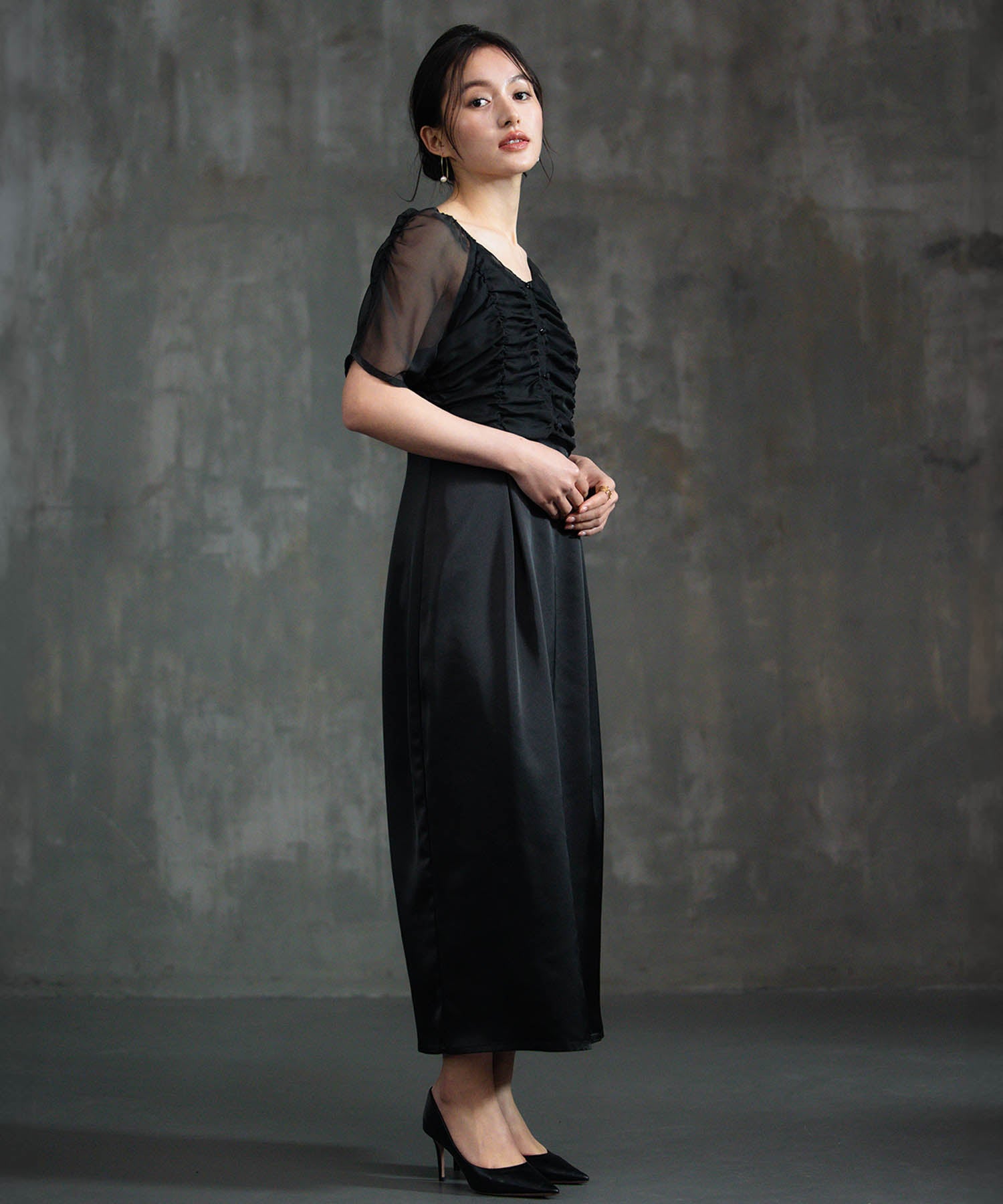 ワンピース ドレス 結婚式 異素材ドッキングdsz0133 グレー