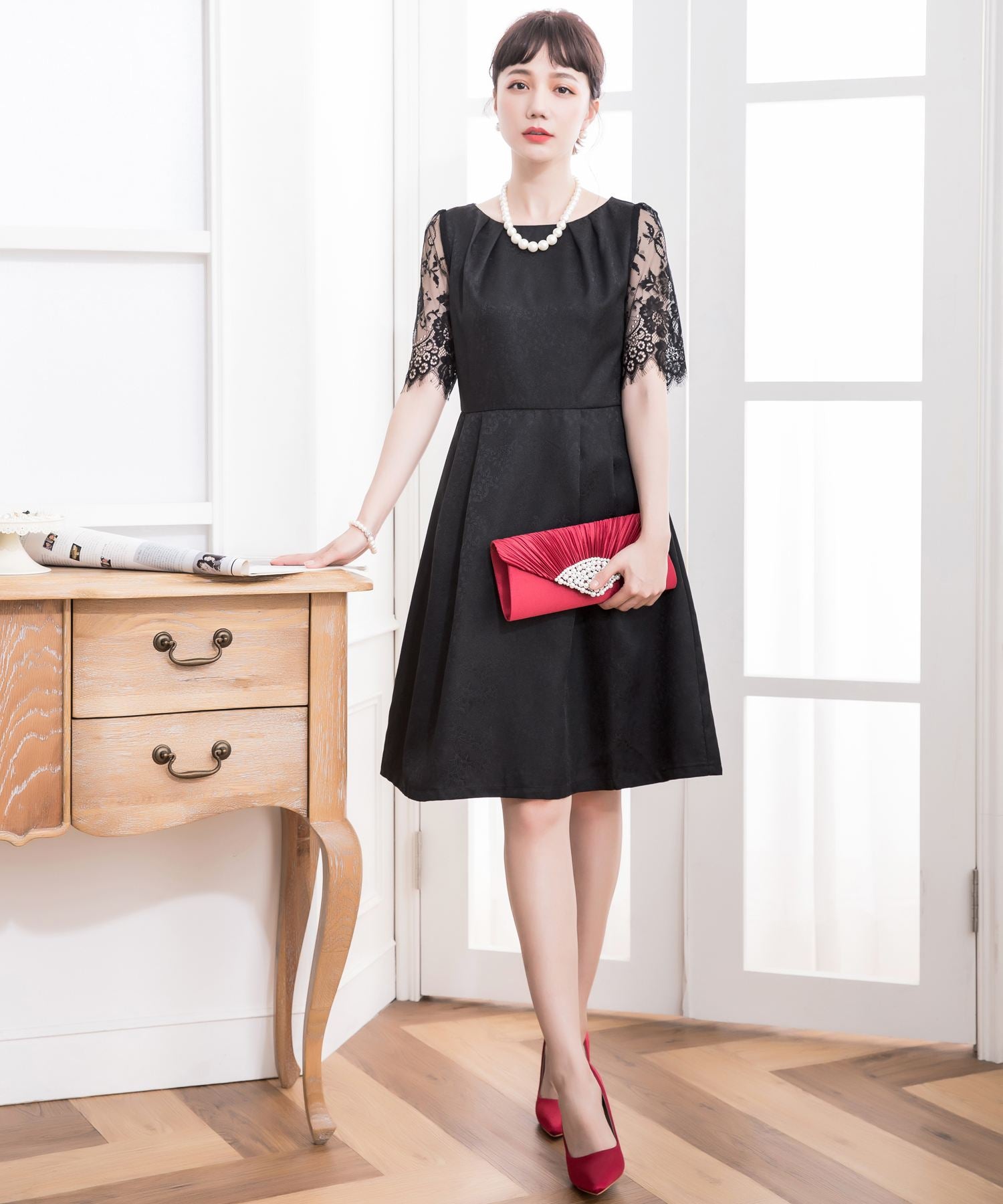 レーススリーブ&結婚式・お呼ばれ対応ワンピースドレスcy88035-s-bk