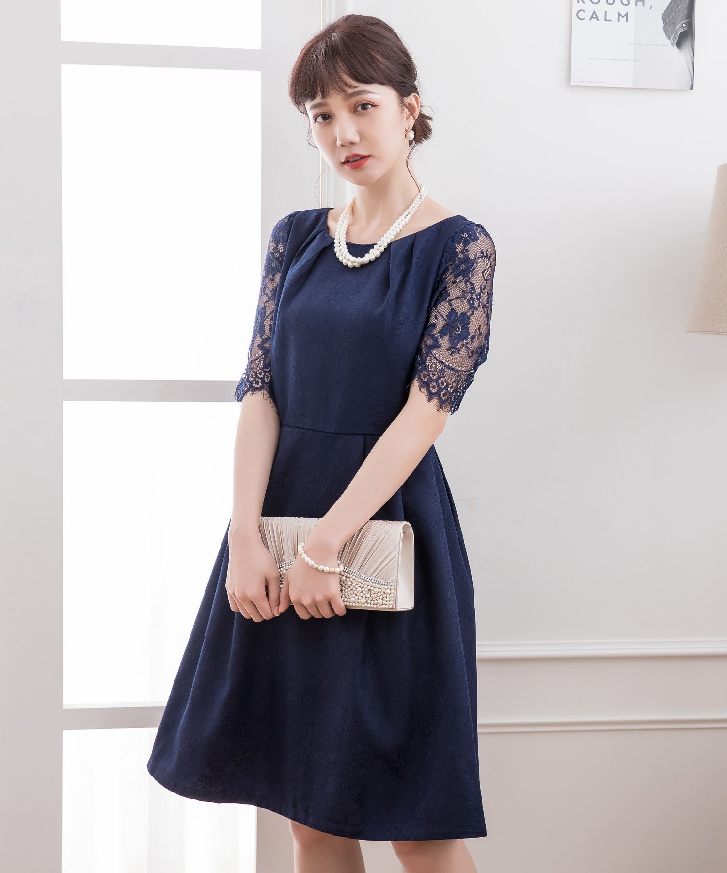 レーススリーブ&結婚式・お呼ばれ対応ワンピースドレスcy88035-s-ne