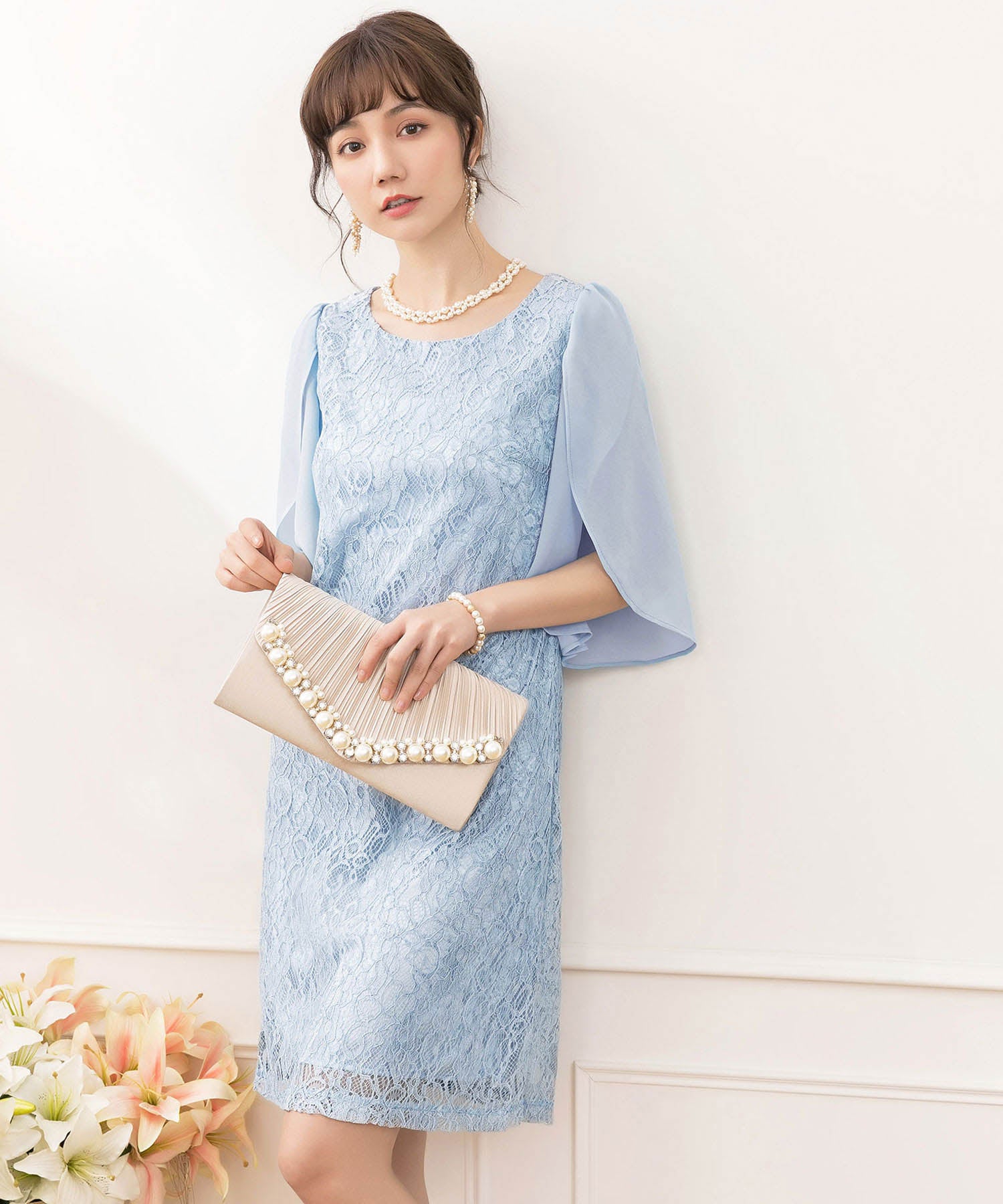 フリル(シフォン)スリーブレースワンピース・結婚式ワンピース・お呼ばれパーティードレスcy88099-s-lightblue