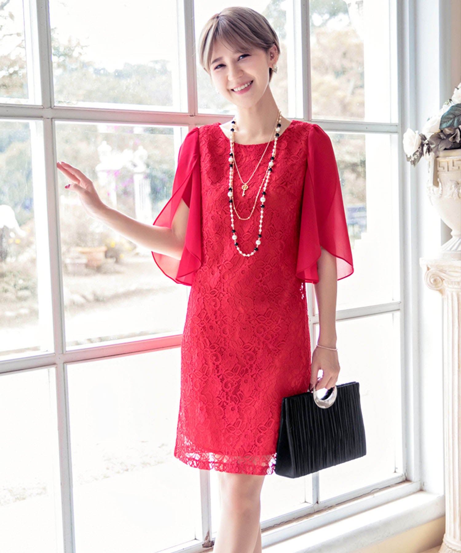 フリル(シフォン)スリーブレースワンピース・結婚式ワンピース・お呼ばれパーティードレスcy88099-s-red