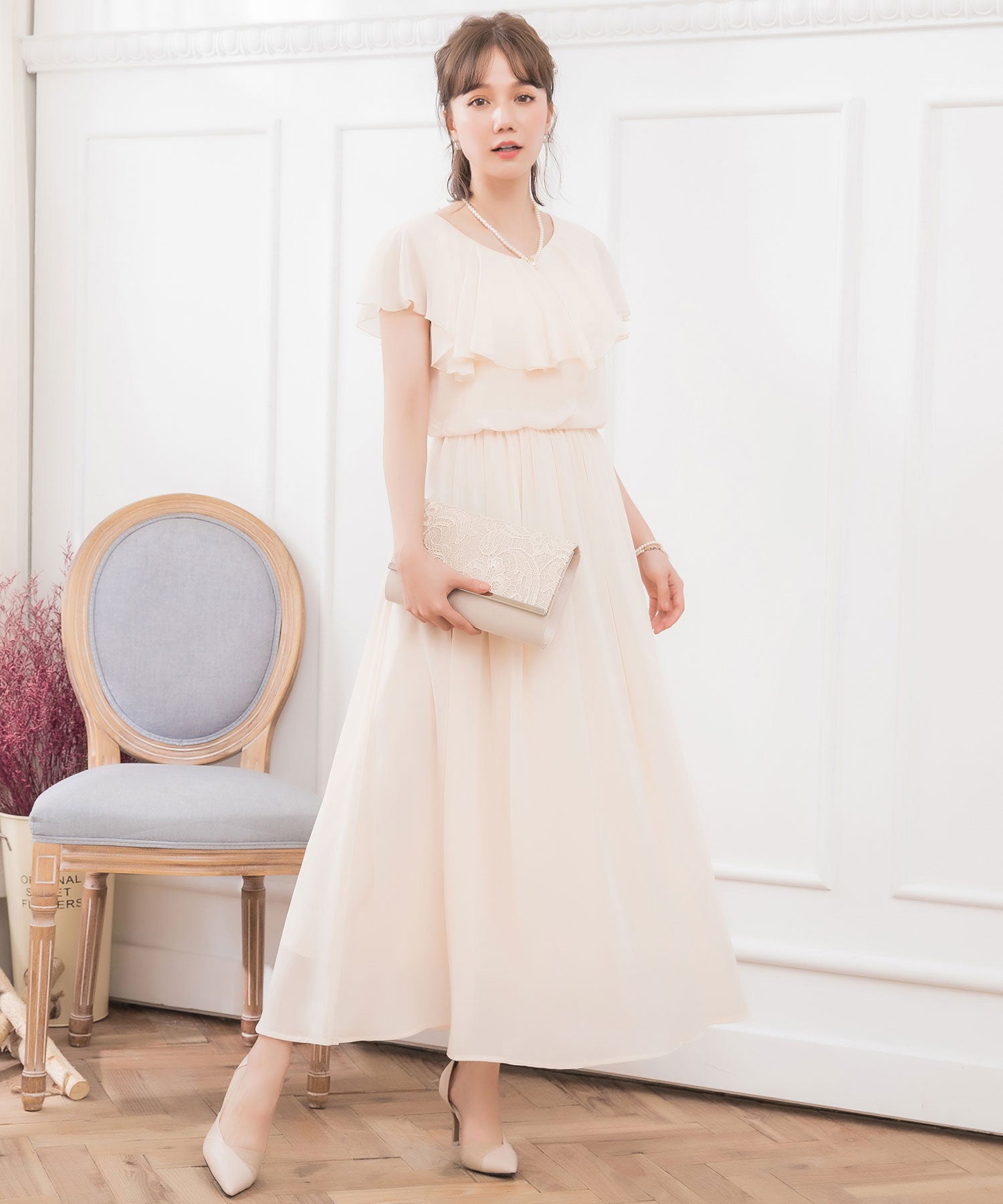 ティアードシフォンマキシワンピースcy88102-s-ivory