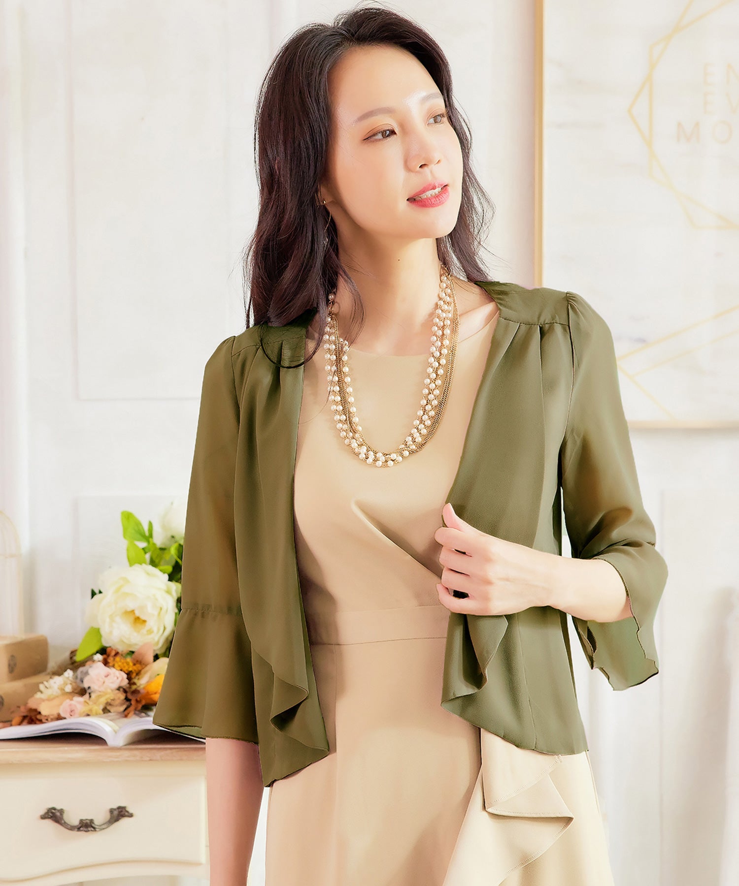 7分丈薄手シフォンパーティボレロcy88111-s-khaki