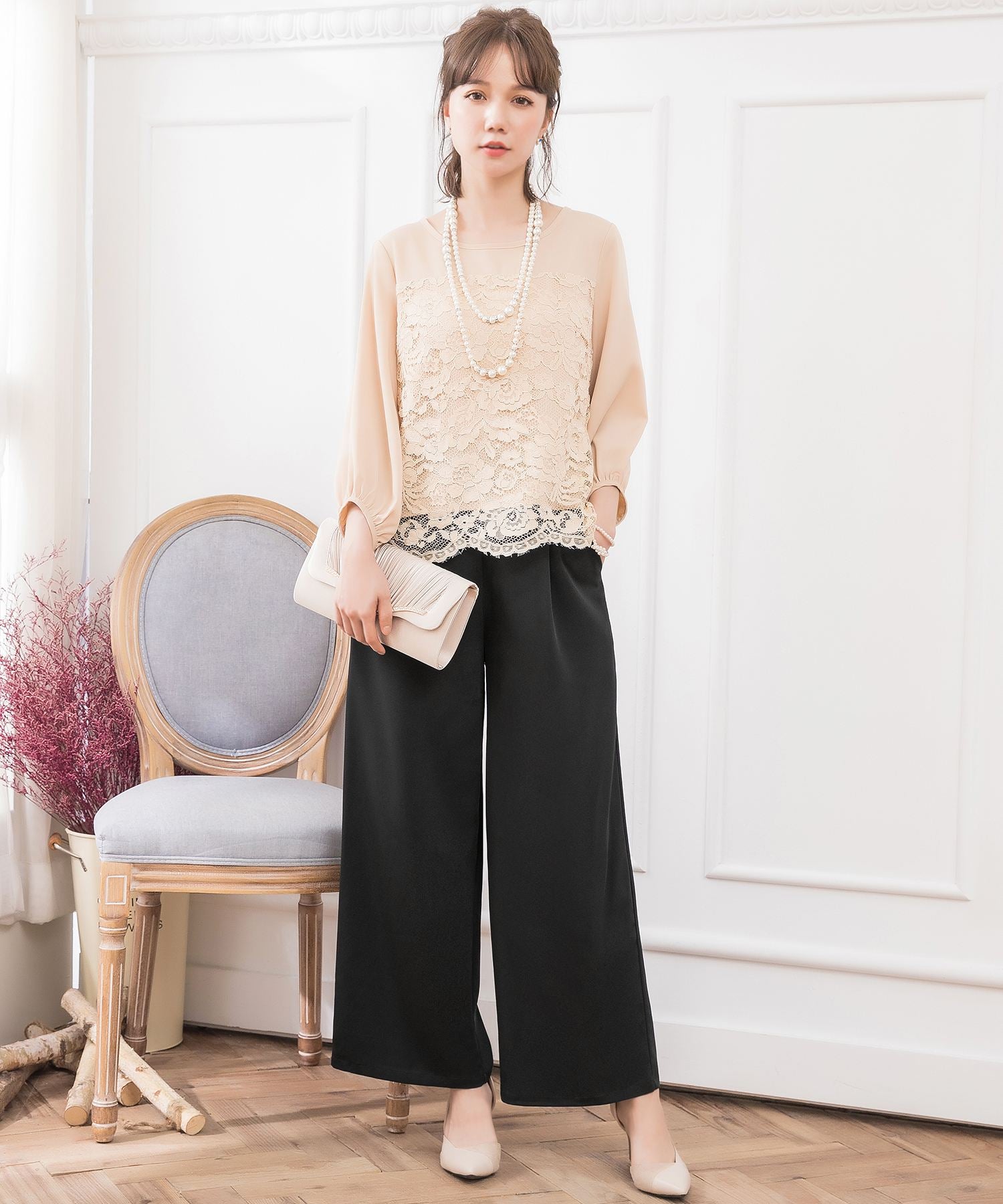 【結婚式・お呼ばれ対応パンツドレス】レース7分袖トップス&スラックスセットアップcy88131-s-beigeblack