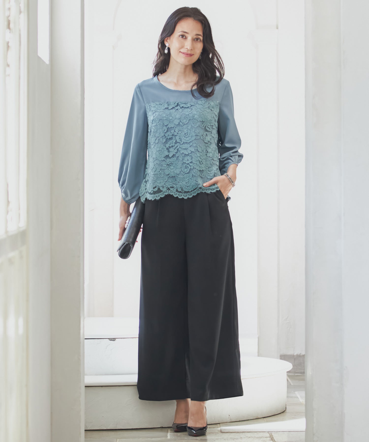 【結婚式・お呼ばれ対応パンツドレス】レース7分袖トップス&スラックスセットアップcy88131-s-blue