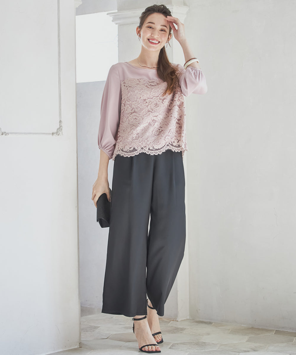 結婚式・お呼ばれ対応パンツドレス】レース7分袖トップス