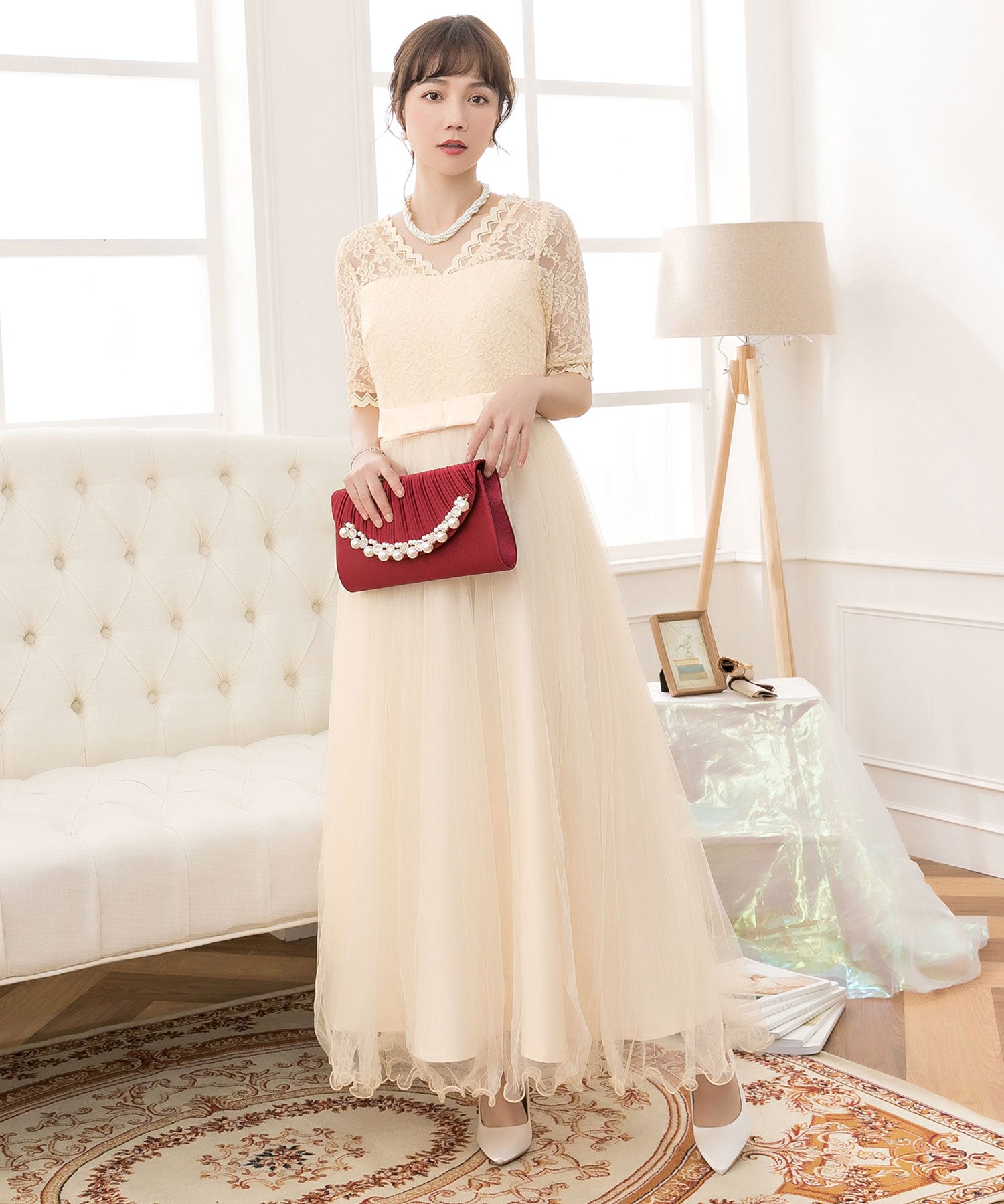 レース×チュールマキシ丈ワンピースcy88136-s-beige