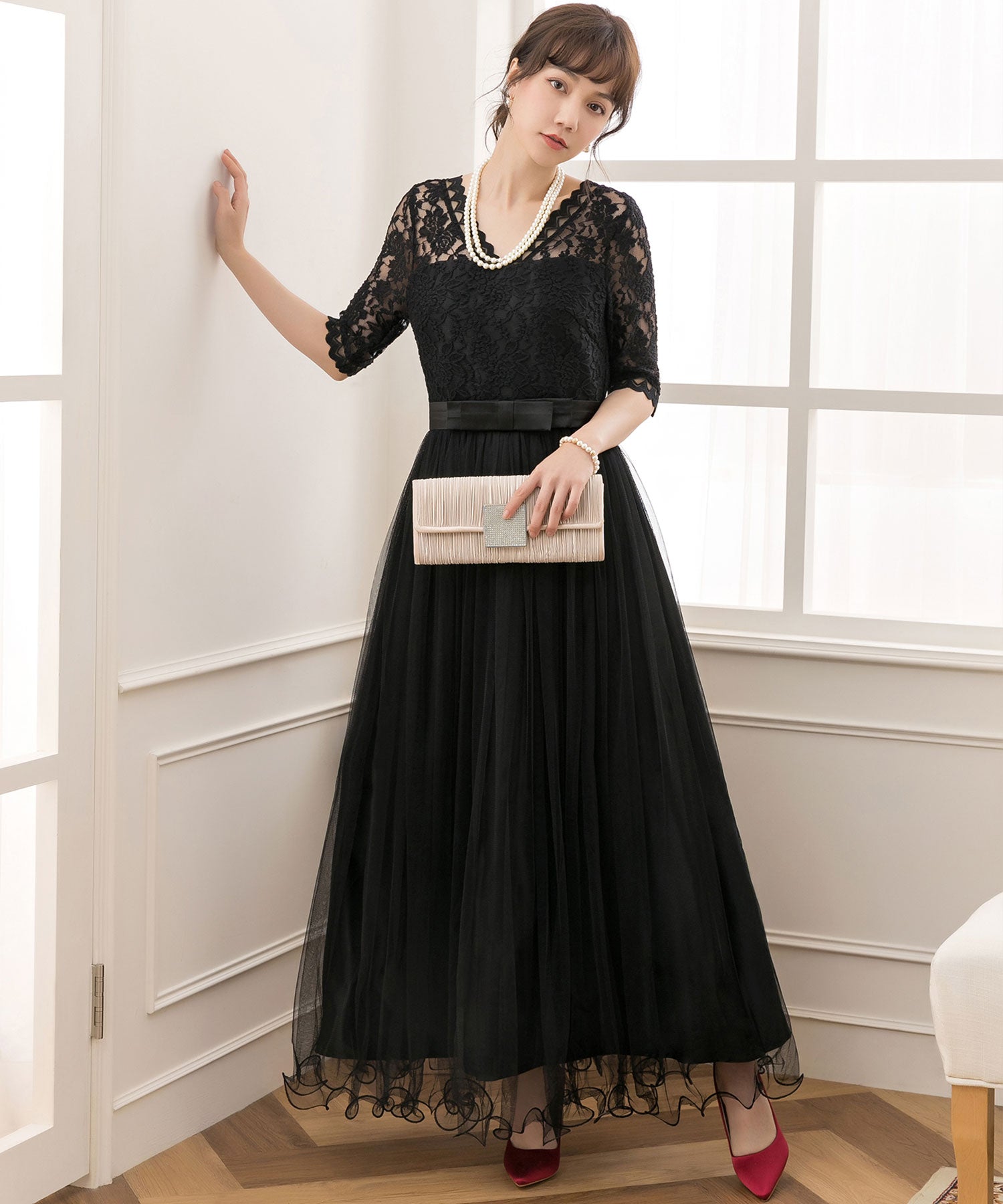 レース×チュールマキシ丈ワンピースcy88136-s-black