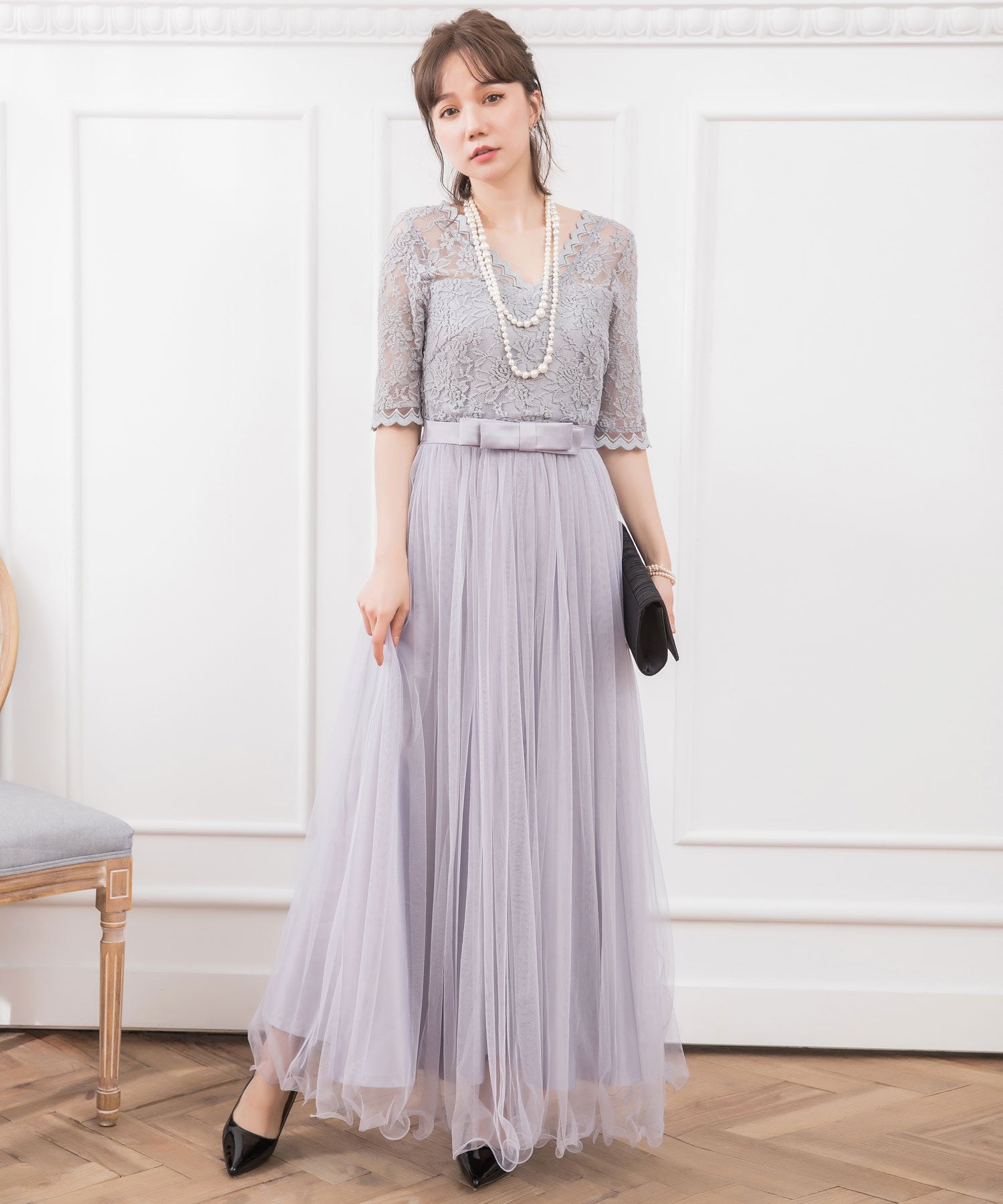 レース×チュールマキシ丈ワンピースcy88136-s-gray