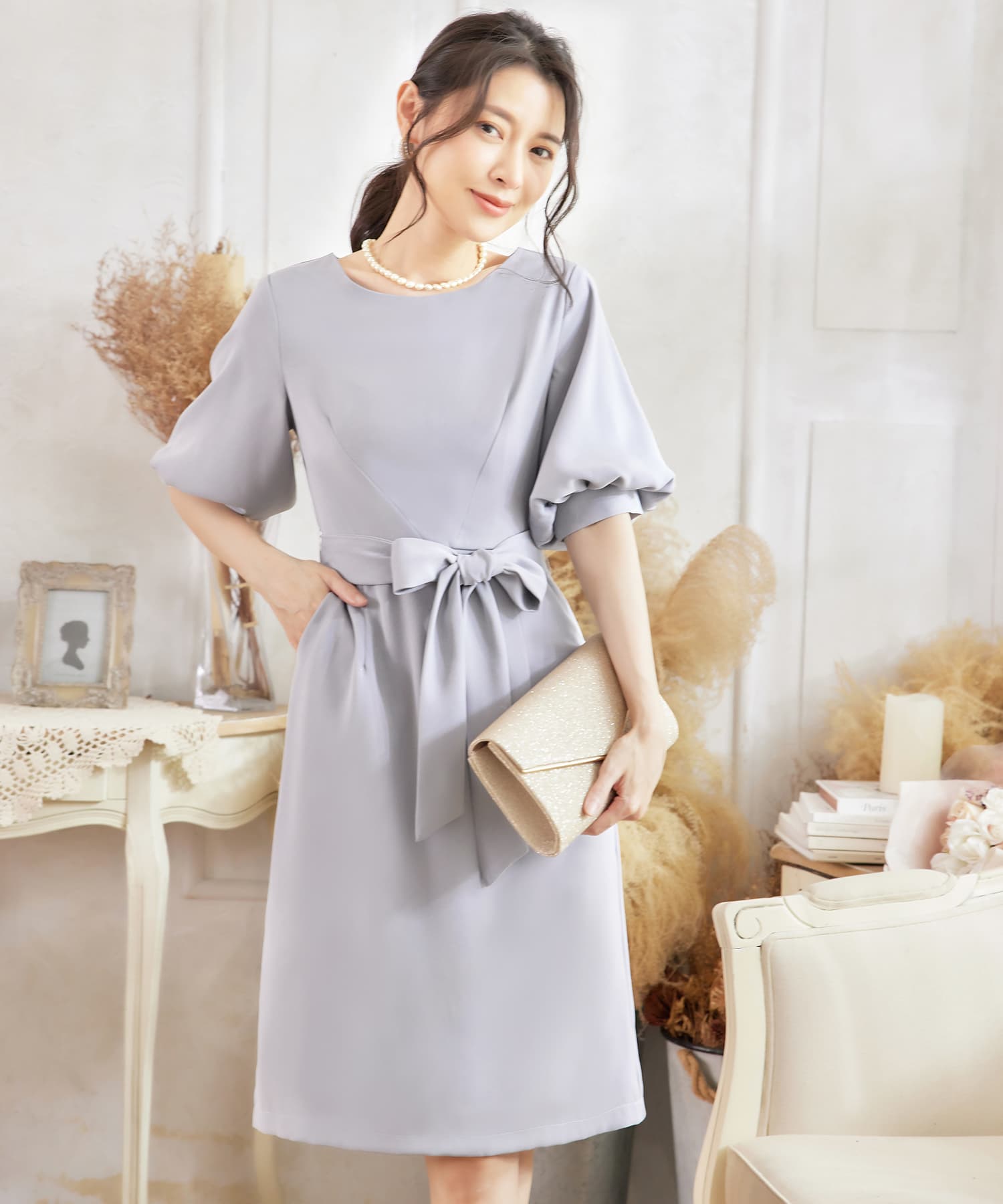 ふんわりバルーンスリーブ&ウエストリボン付きワンピースcy88163-s-3