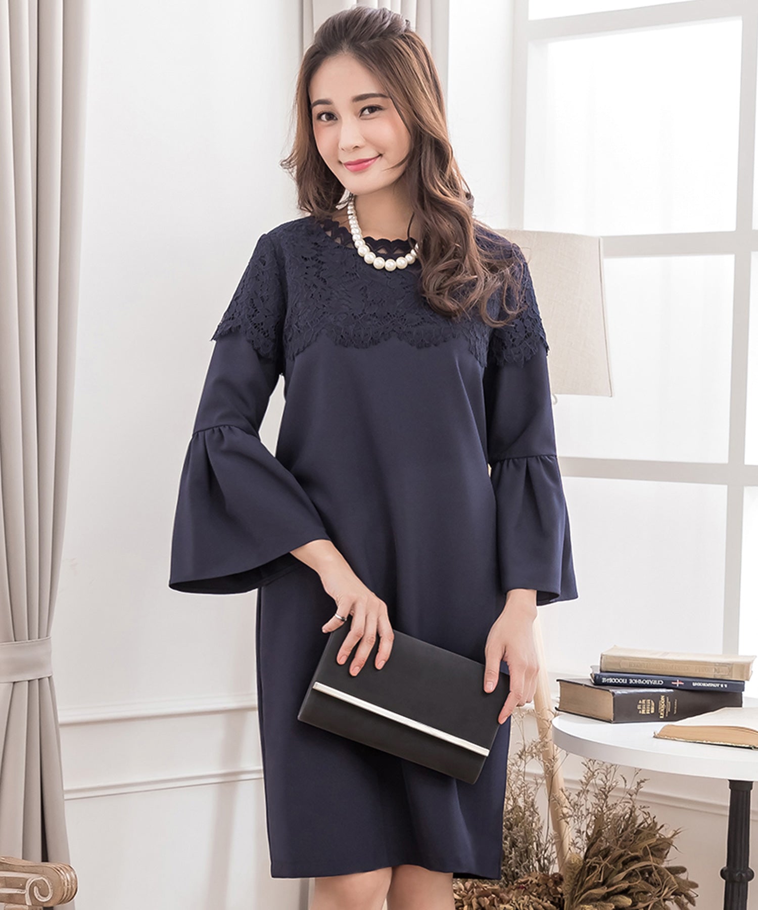 胸元レースデザインパーティードレス・結婚式ワンピースcy88166-s-navy