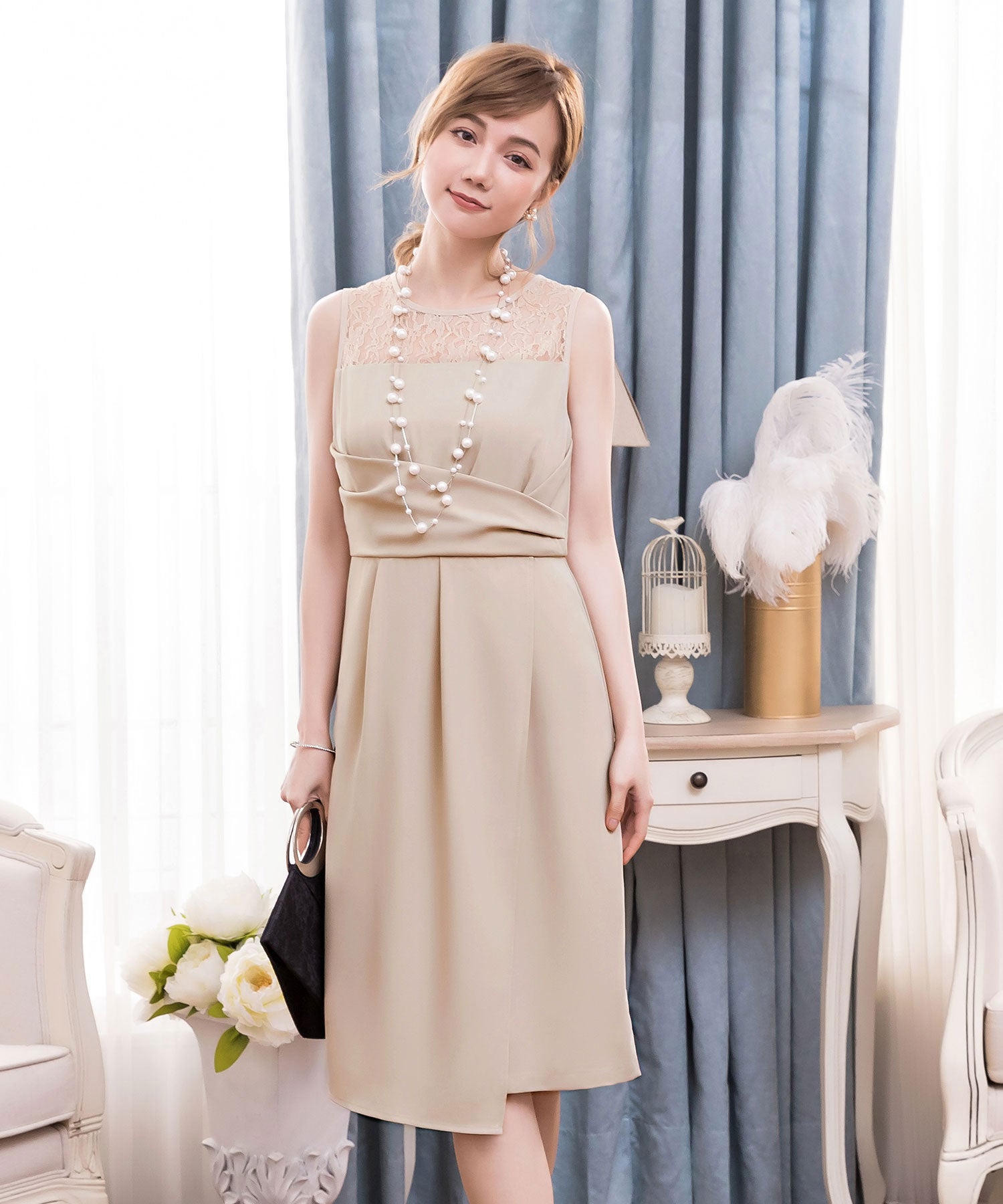 クロス切替レースドレス・結婚式ワンピース・お呼ばれパーティードレスcy88192-s-beige