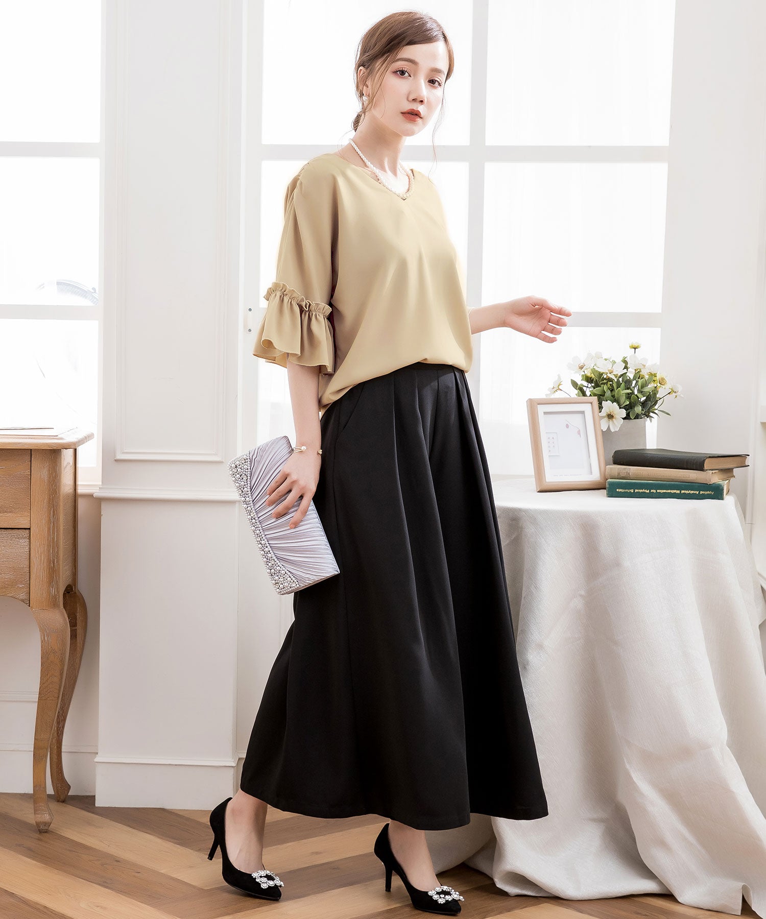 2WAY仕様ブラウス&ワイドパンツセットアップドレス・結婚式ワンピースcy88209-s-beigeblack