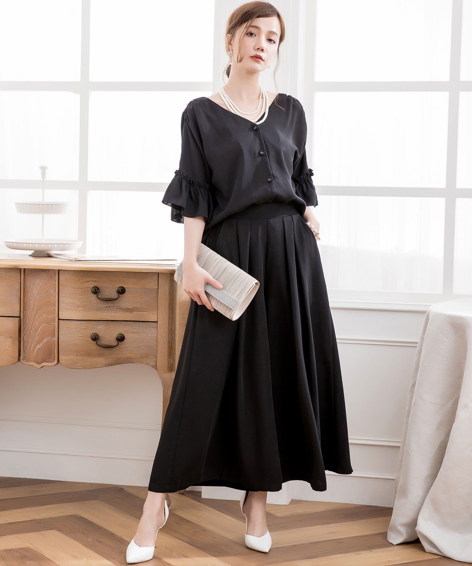 2WAY仕様ブラウス&ワイドパンツセットアップドレス・結婚式ワンピースcy88209-s-black