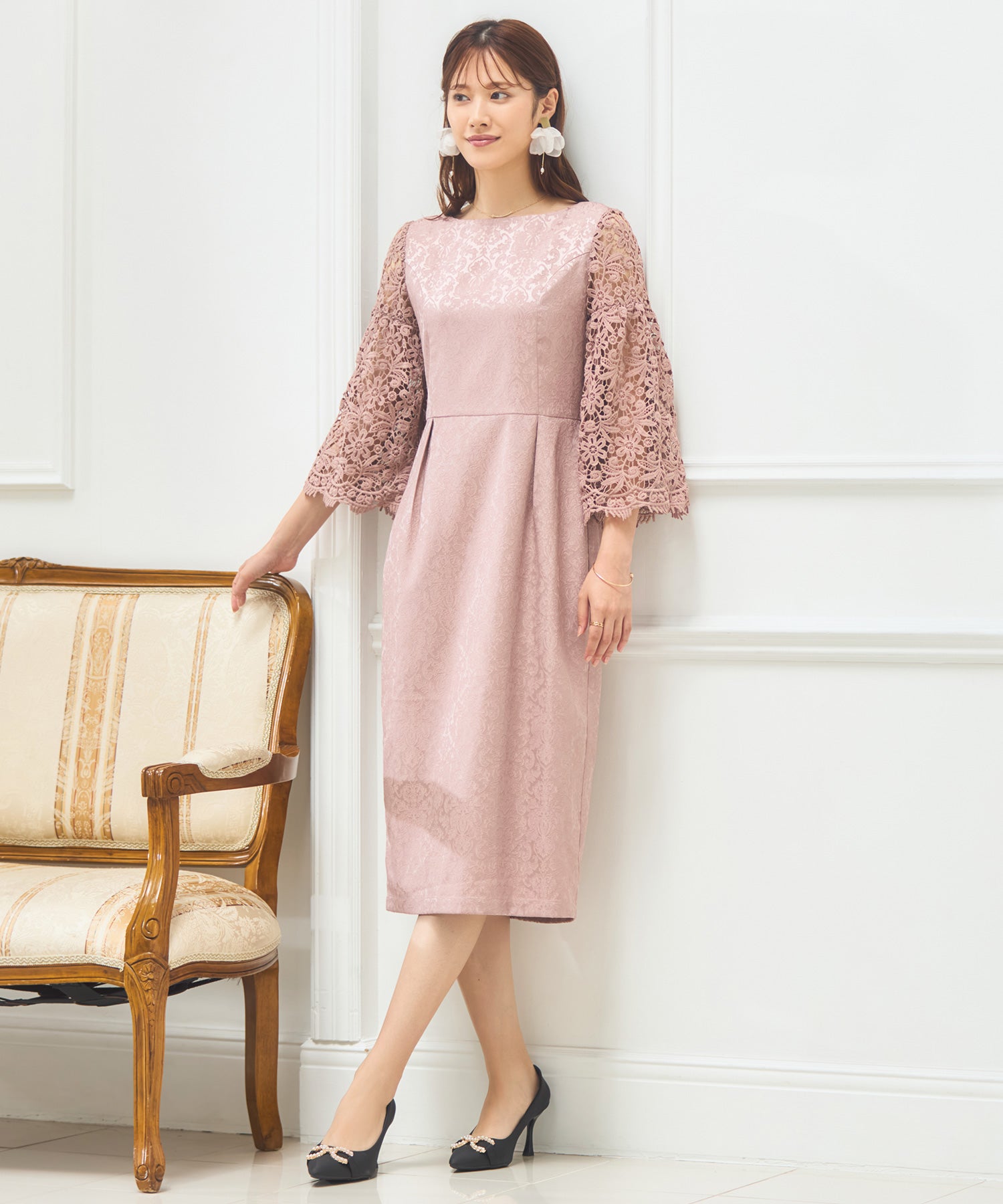 レース七分袖×ダマスク柄ワンピースドレス結婚式ワンピース・お呼ばれパーティードレスcy88218-s-240