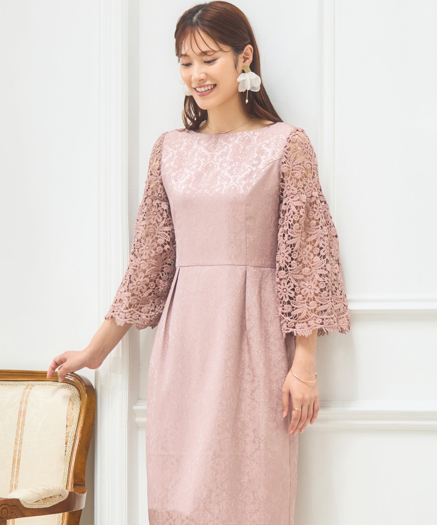 レース七分袖×ダマスク柄ワンピースドレス結婚式ワンピース・お呼ばれパーティードレスcy88218