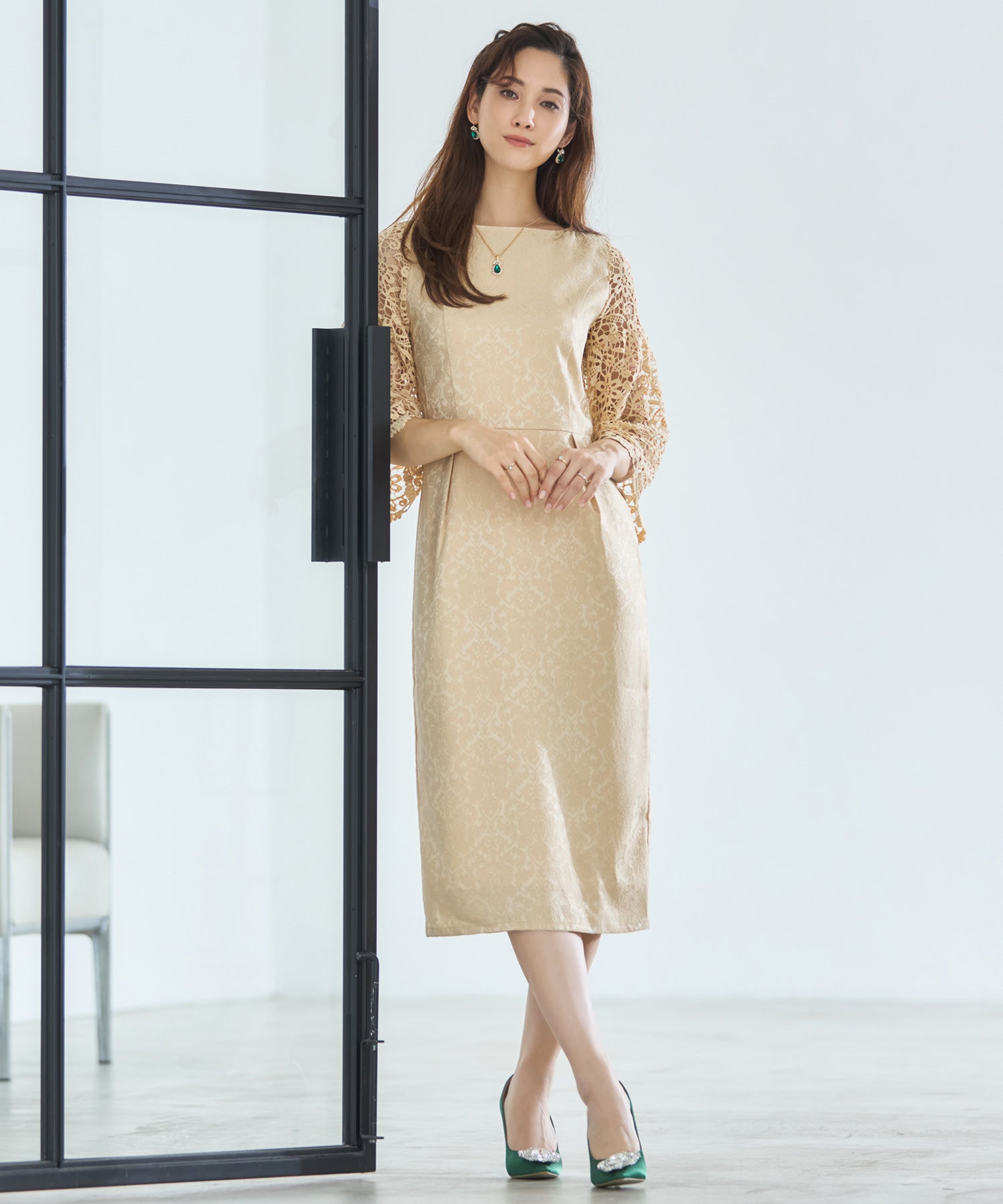 レース七分袖×ダマスク柄ワンピースドレス結婚式ワンピース・お呼ばれパーティードレスcy88218