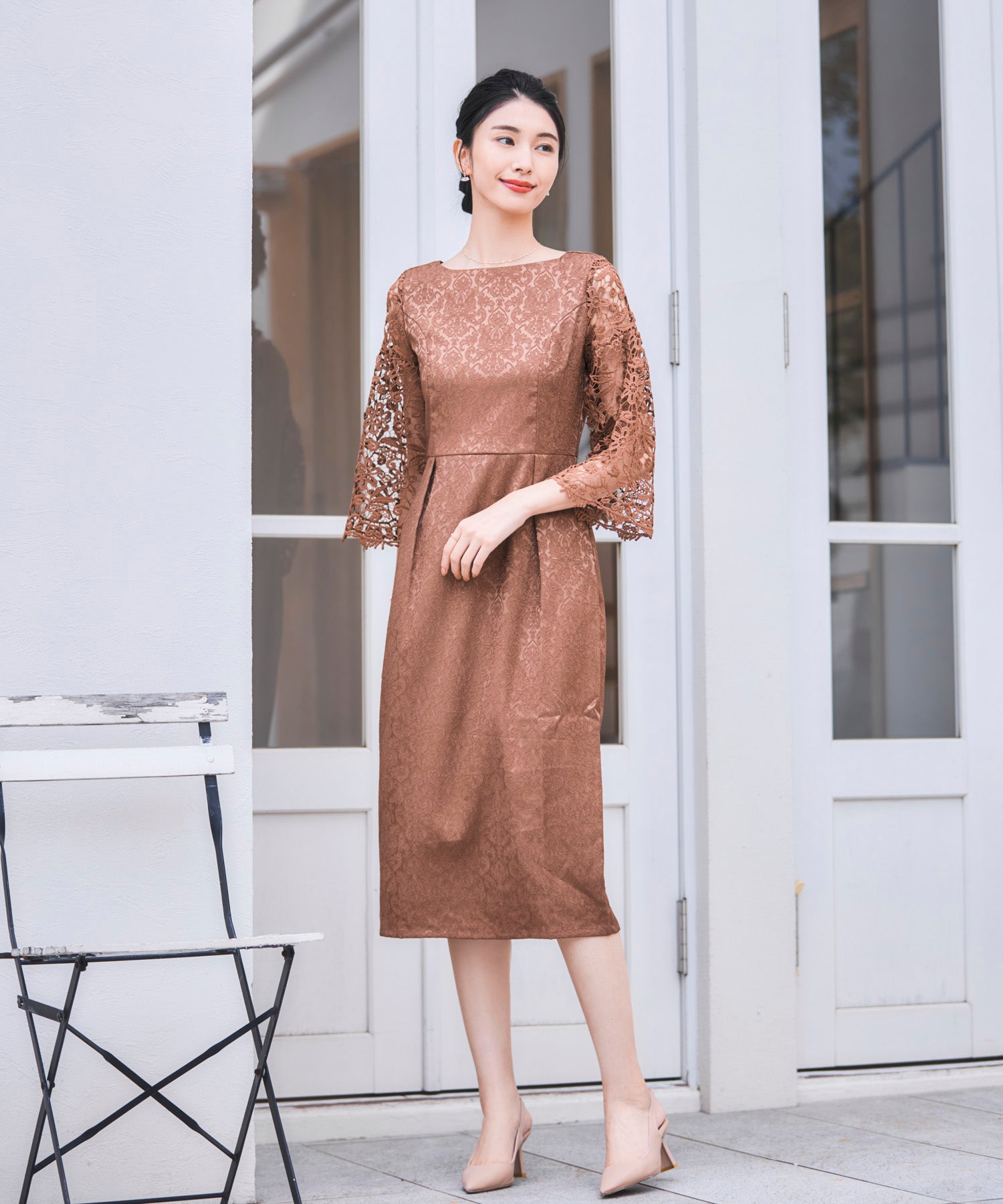 レース七分袖×ダマスク柄ワンピースドレス結婚式ワンピース・お呼ばれパーティードレスcy88218
