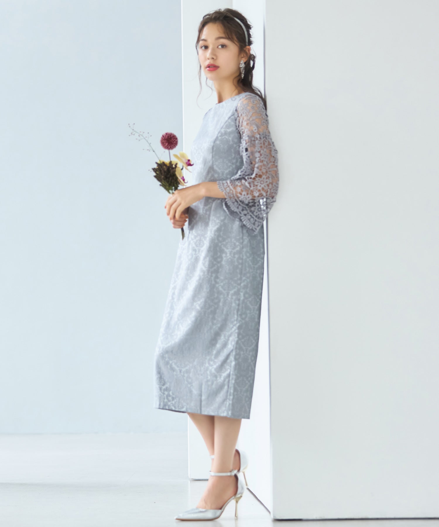 レース七分袖×ダマスク柄ワンピースドレス結婚式ワンピース・お呼ばれパーティードレスcy88218
