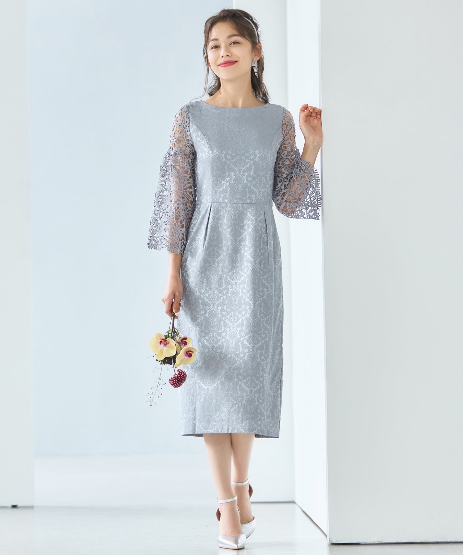 レース七分袖×ダマスク柄ワンピースドレス結婚式ワンピース・お呼ばれパーティードレスcy88218-s-gray