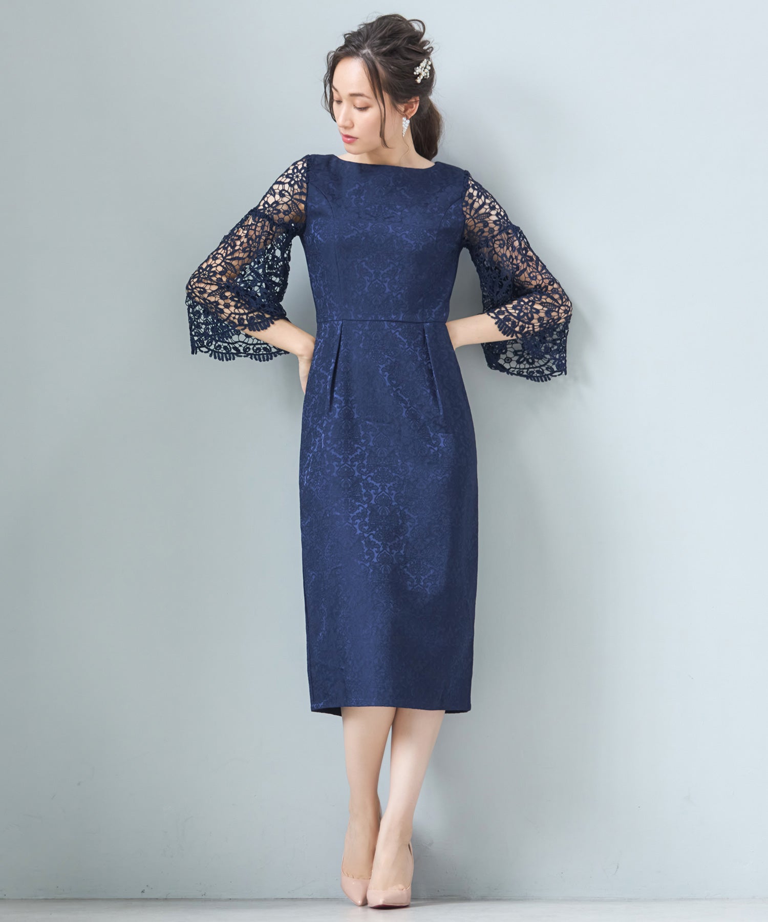レース七分袖×ダマスク柄ワンピースドレス結婚式ワンピース・お呼ばれパーティードレスcy88218-s-navy
