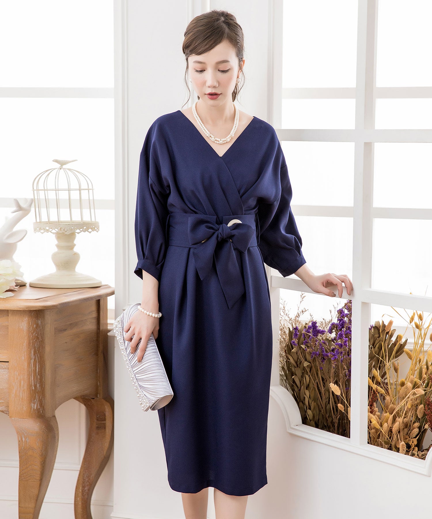 カシュクールネックウエストリボンワンピースドレスcy88219-s-navy