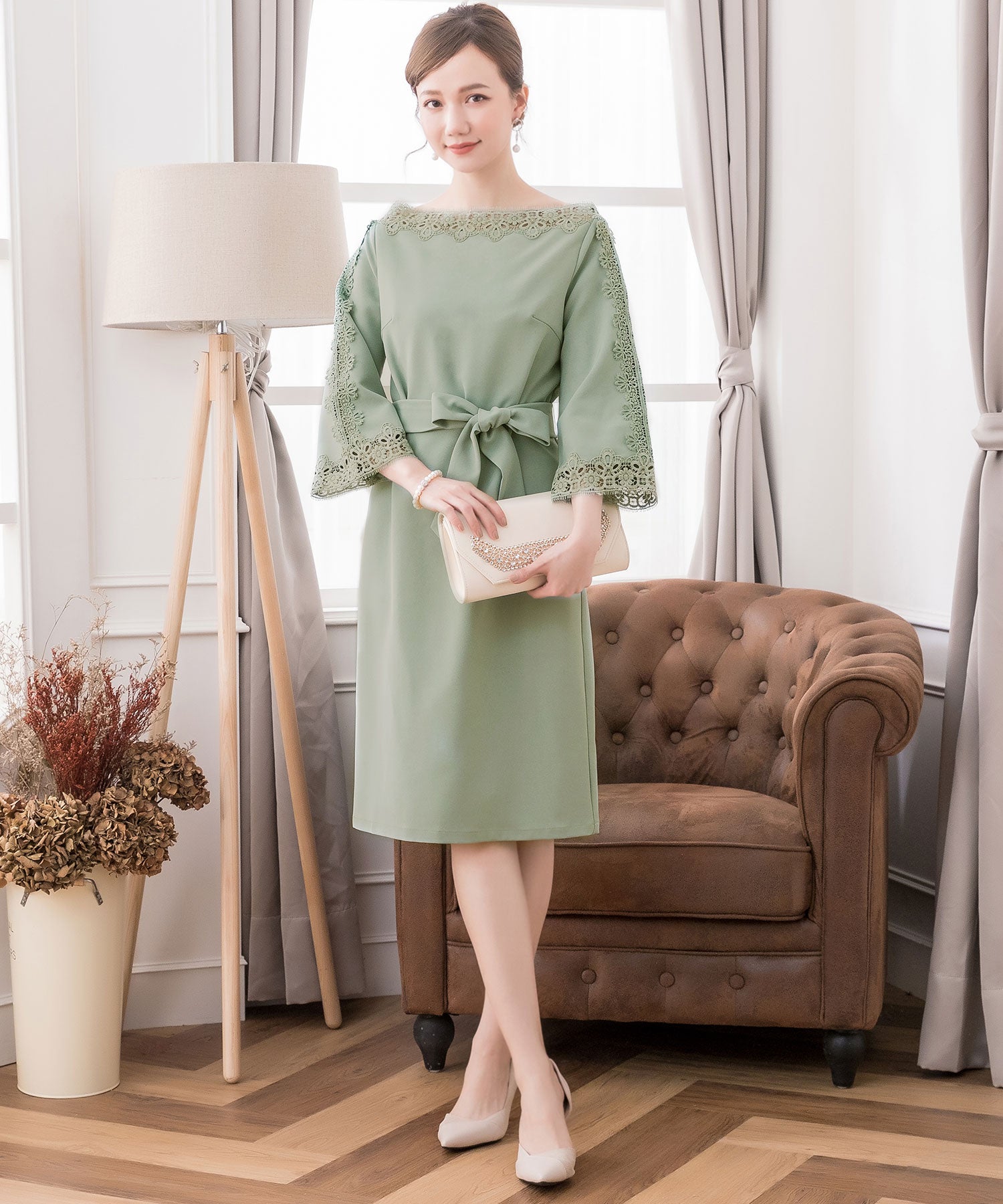 レース7分袖&デコルテ刺繍ワンピースドレス・結婚式ワンピース・お呼ばれパーティードレスcy88221-s-green