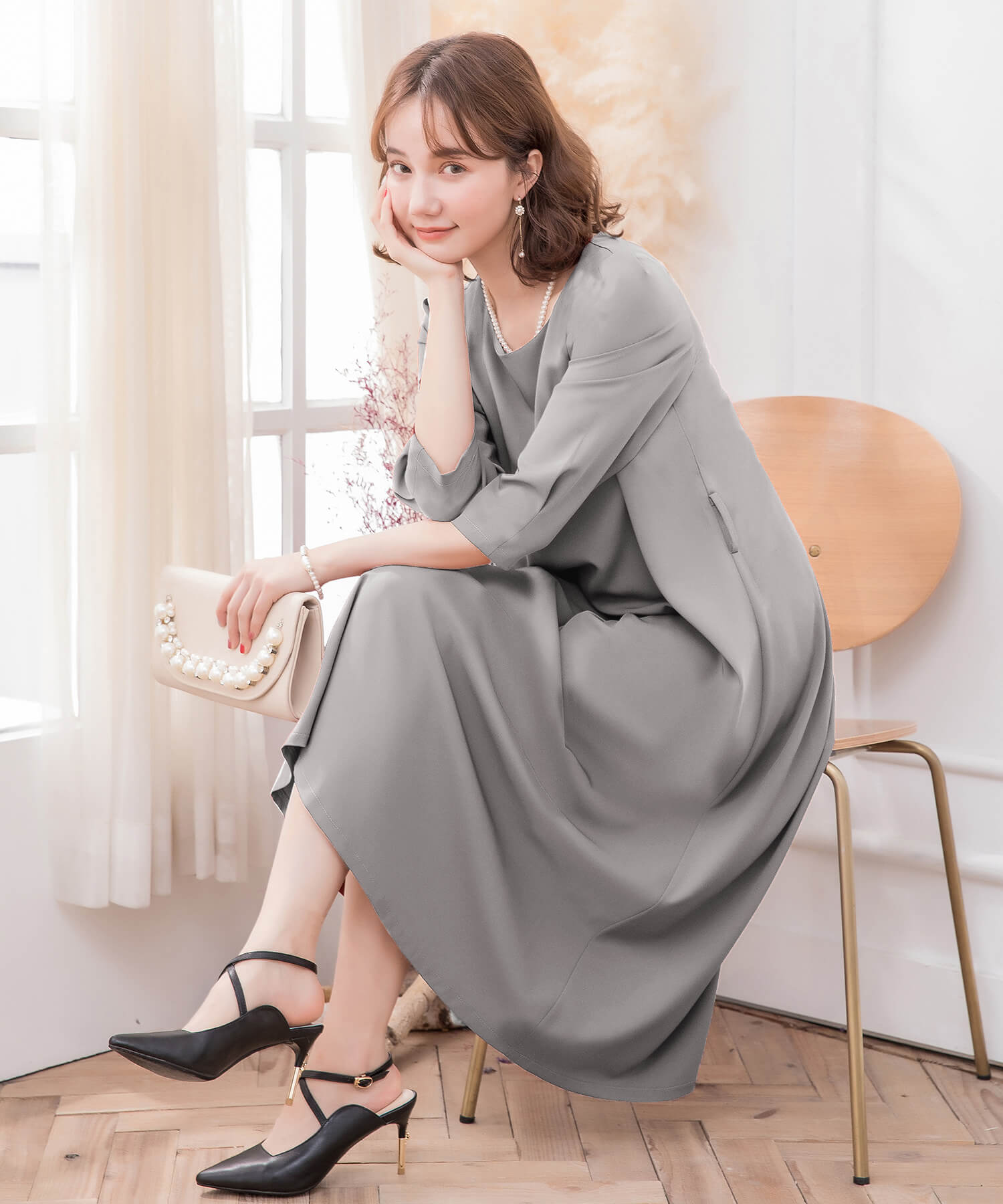 フレアロング丈結婚式ワンピースcy88315 レディッシュグレー