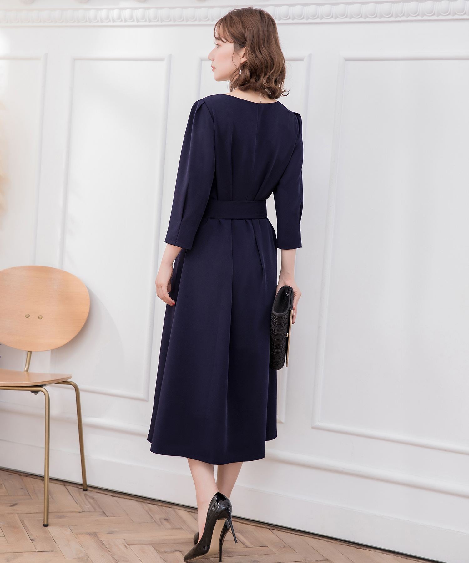 フレアロング丈結婚式ワンピースcy88315 ネイビー