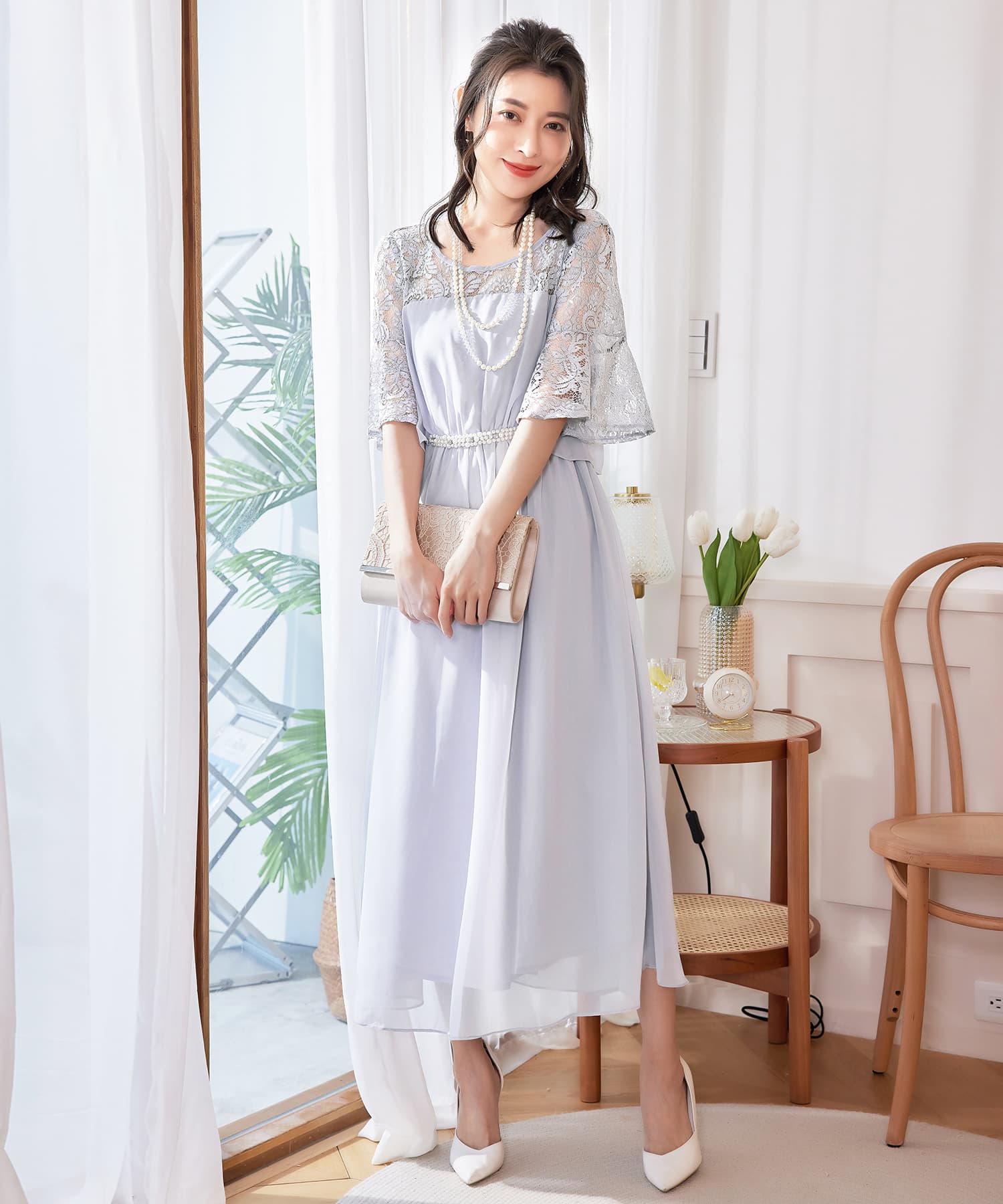 ワンピース ドレス レース袖 ミモレ丈 結婚式 披露宴 食事会 パーティードレスcy88536-106-18