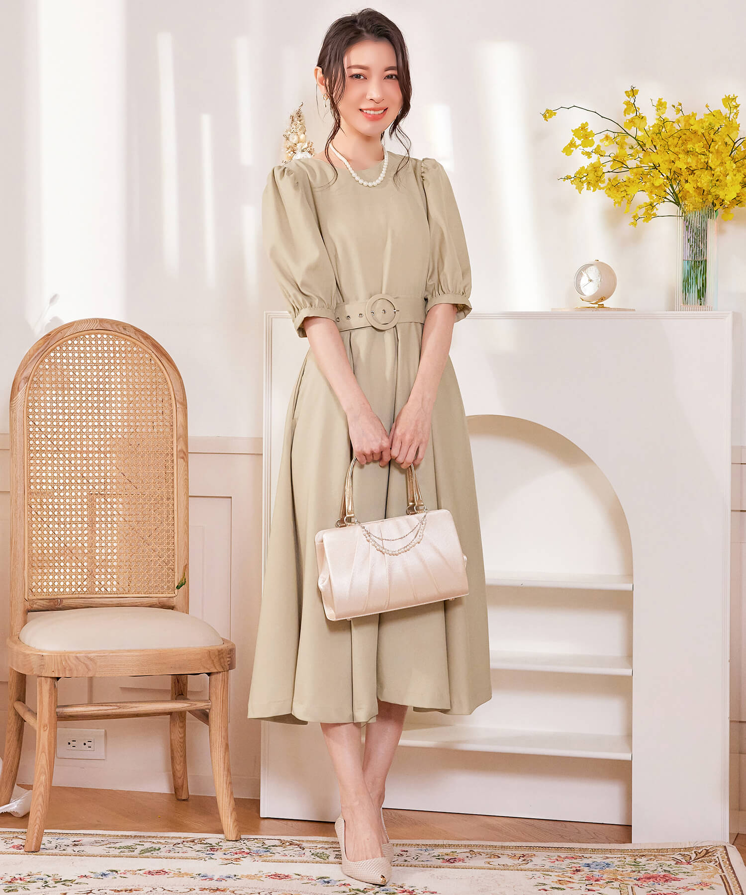 ワンピース ミモレ丈 結婚式 フォーマル ベルト付きcy88539-106-14