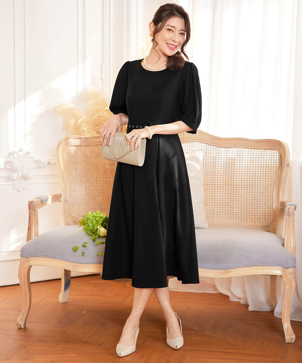 ワンピース ミモレ丈 結婚式 フォーマル ベルト付き ブラック