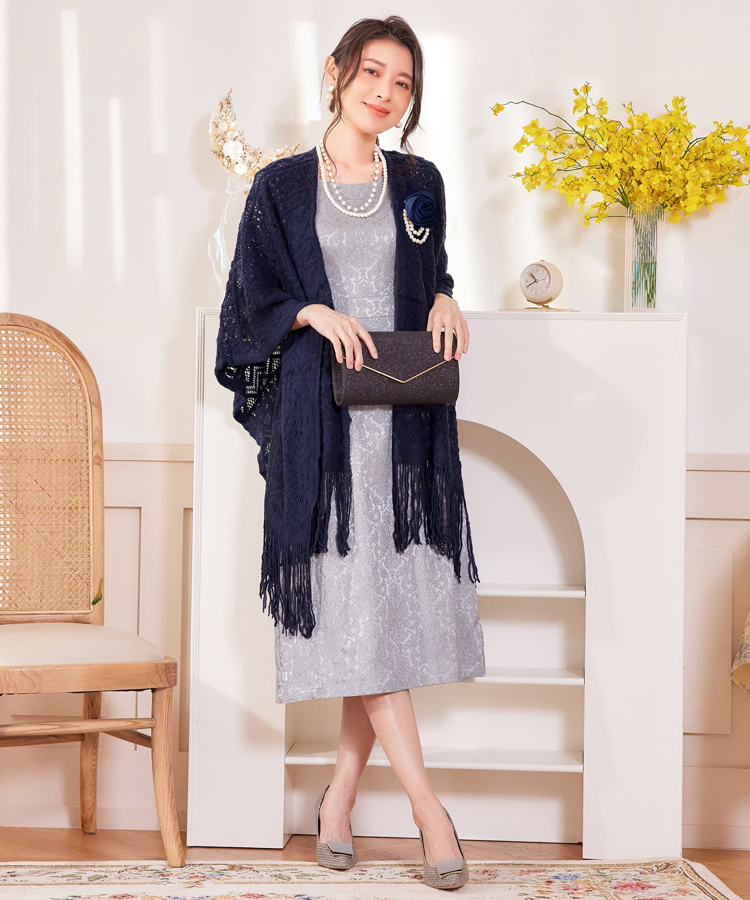 ボレロ レース ロング丈 パーティー コサージュ付きcy88569-101-16