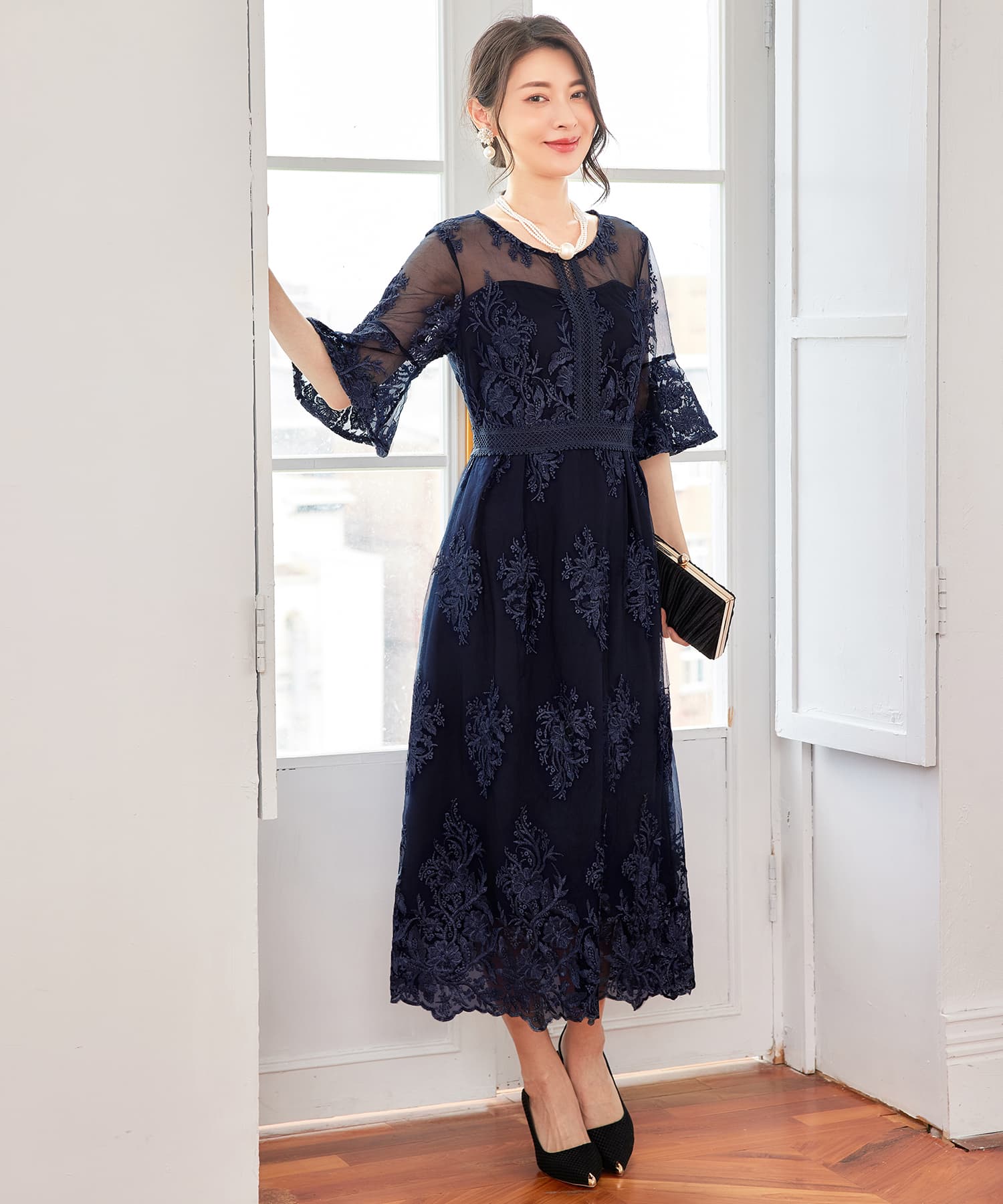 ワンピース ドレス 総レース ミモレ丈 結婚式cy88590-102-16