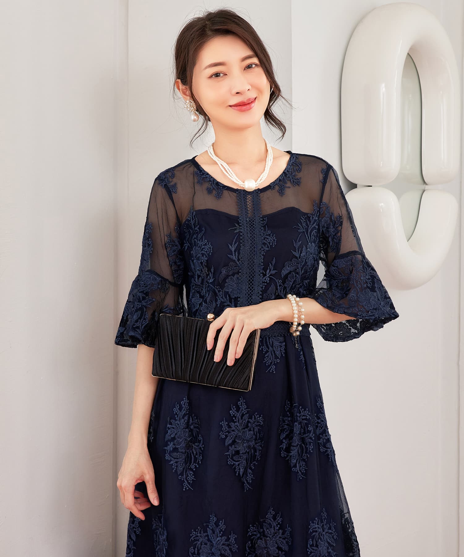 ワンピース ドレス 総レース ミモレ丈 結婚式cy88590