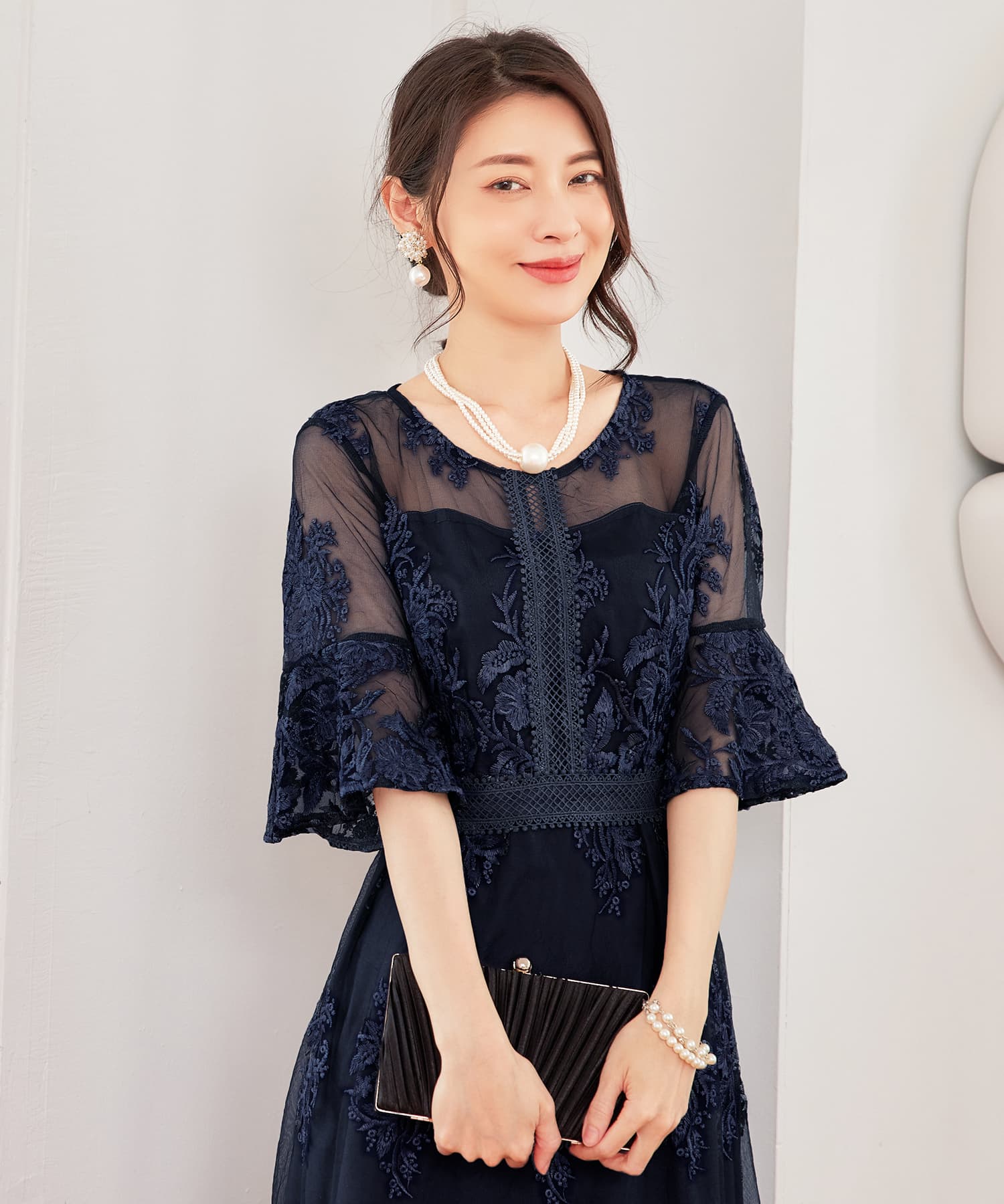 ワンピース ドレス 総レース ミモレ丈 結婚式cy88590