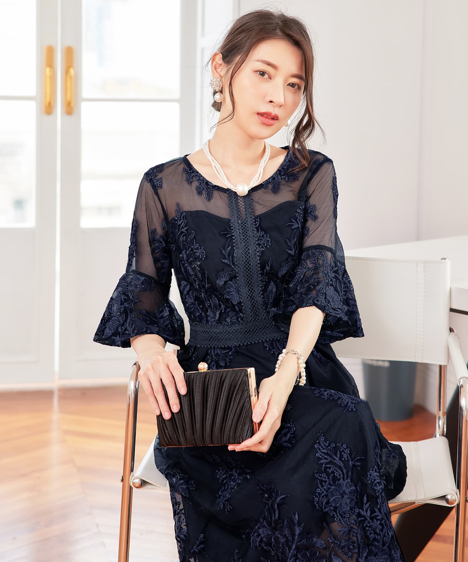 ワンピース ドレス 総レース ミモレ丈 結婚式cy88590
