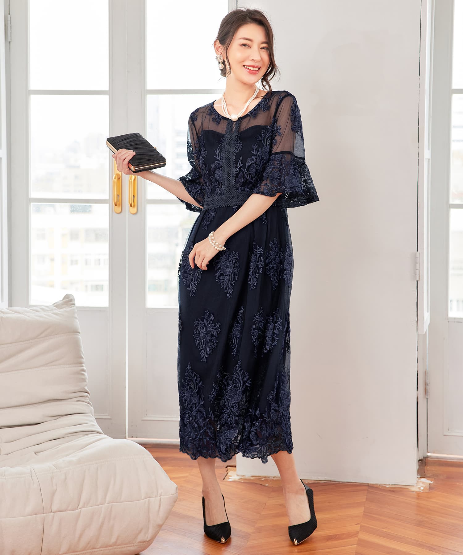 ワンピース ドレス 総レース ミモレ丈 結婚式cy88590