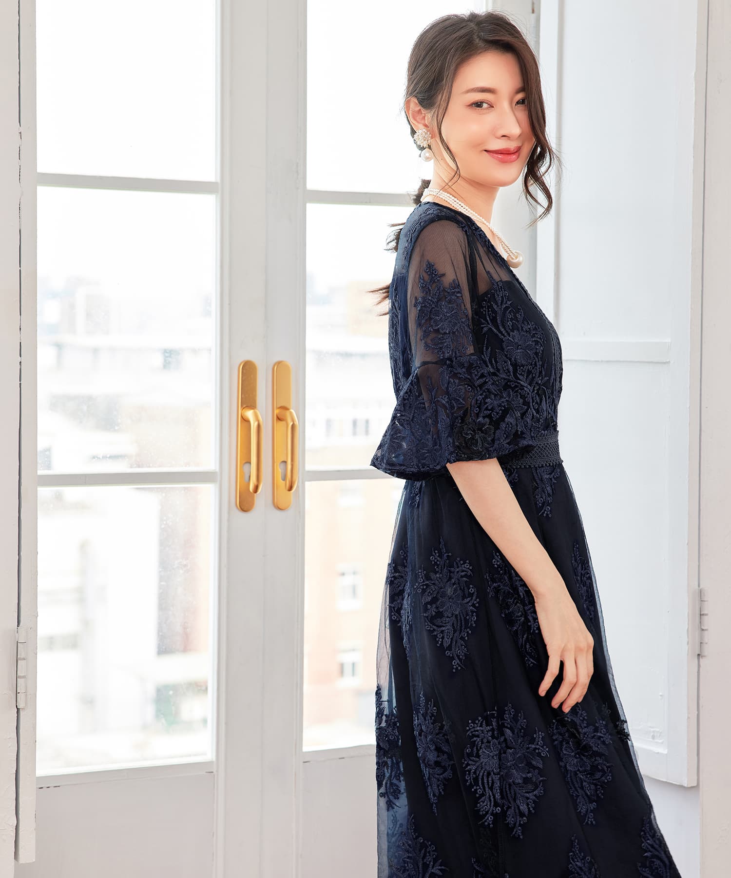 ワンピース ドレス 総レース ミモレ丈 結婚式cy88590