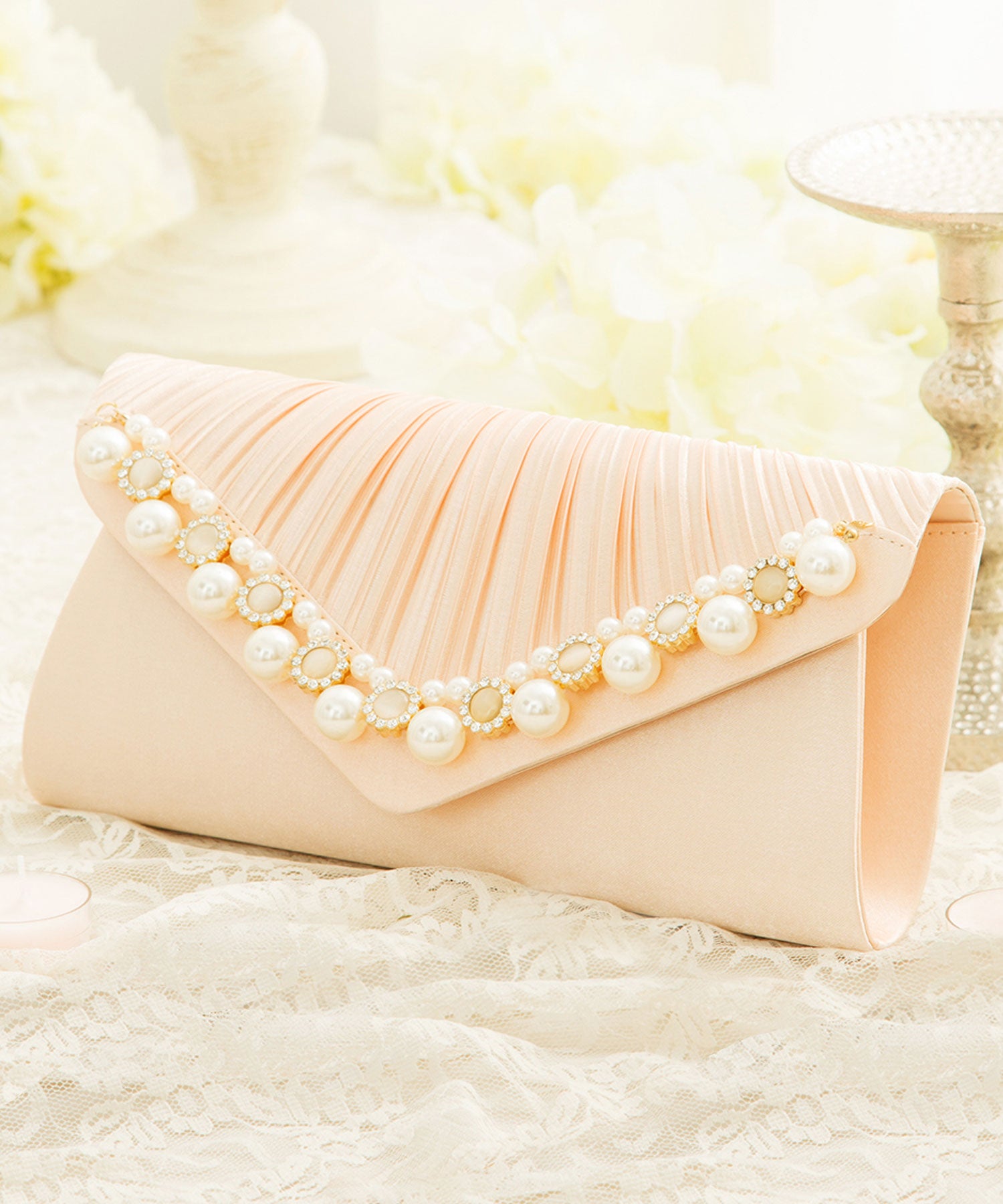 【結婚式・お呼ばれ対応パーティーバッグ】プリーツパールビジューレター型クラッチバッグcyb5532-f-pink