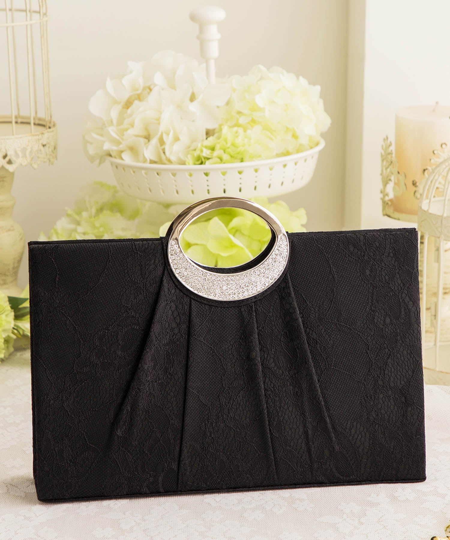 【結婚式・お呼ばれに使えるパーティーバッグ】フラワーレースプリーツパーティーハンドバッグcyb5535-f-black