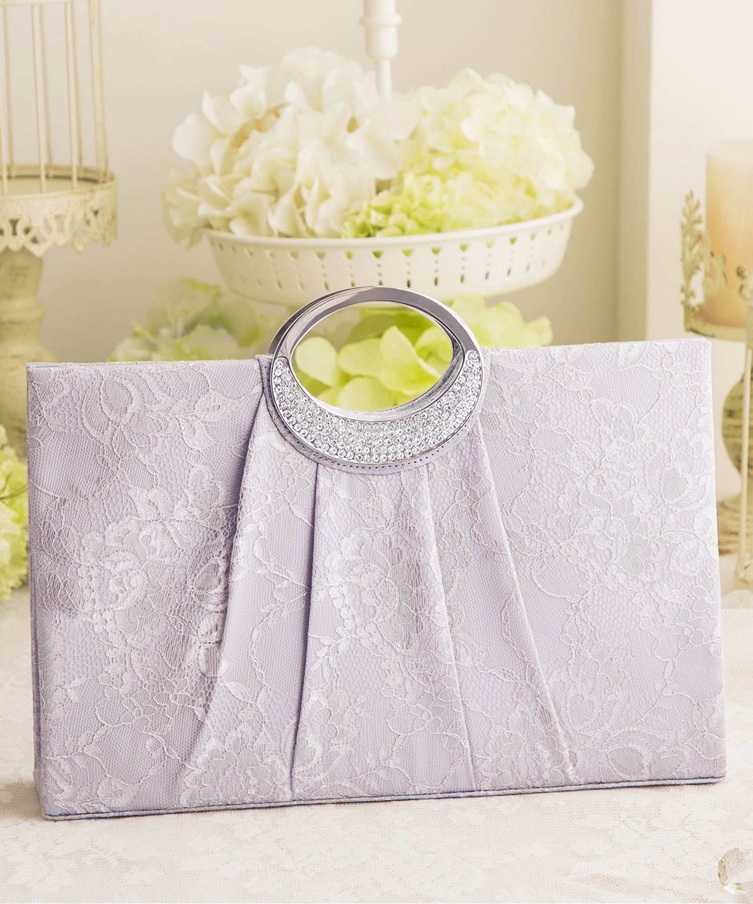 【結婚式・お呼ばれに使えるパーティーバッグ】フラワーレースプリーツパーティーハンドバッグcyb5535-f-silver