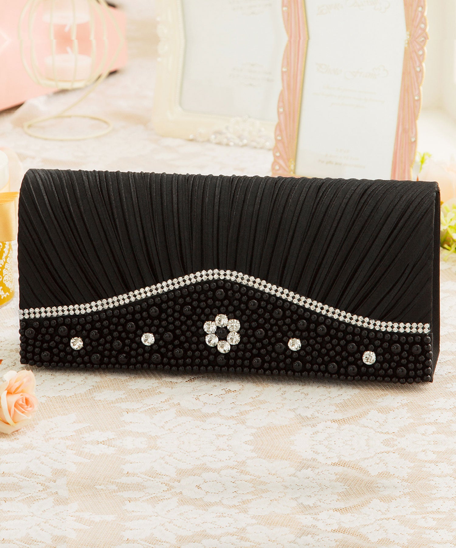 【結婚式・お呼ばれに使えるパーティーバッグ】フェイクパール×ラインストーンプリーツパーティーバッグcyb5550-f-black