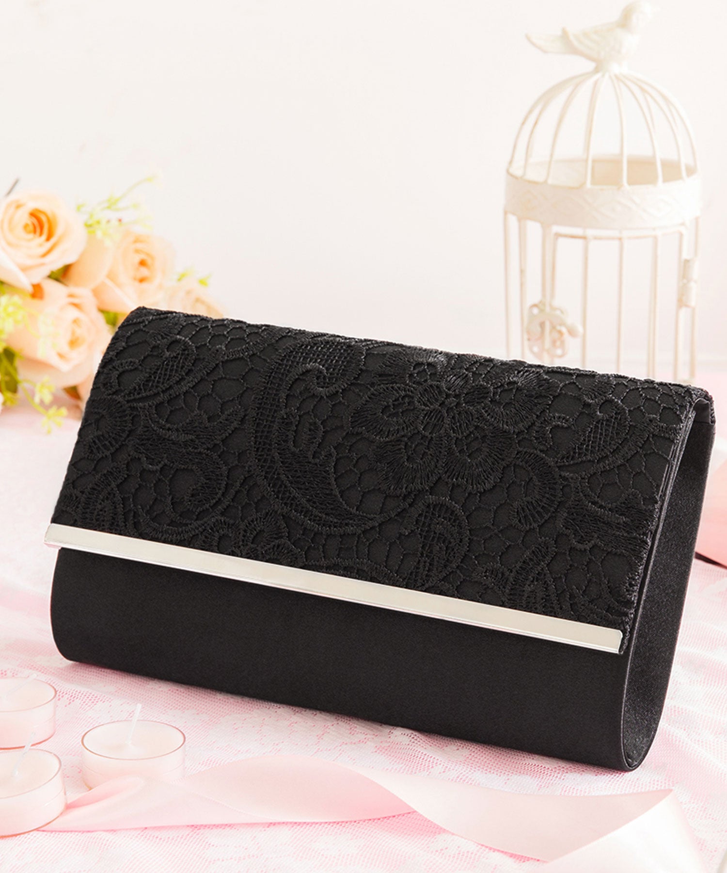 【結婚式・お呼ばれに使えるパーティーバッグ】メタルフレーム×レース刺繍パーティクラッチバッグcyb5560-f-black