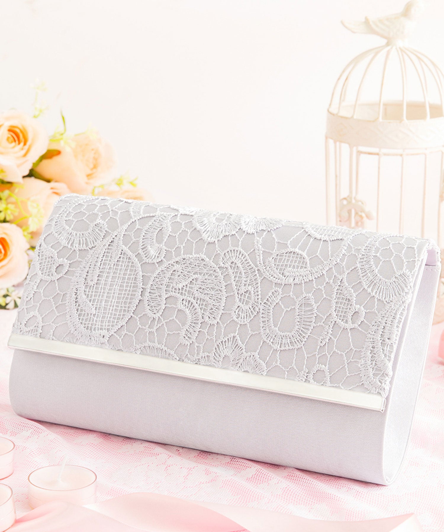 【結婚式・お呼ばれに使えるパーティーバッグ】メタルフレーム×レース刺繍パーティクラッチバッグcyb5560-f-gray