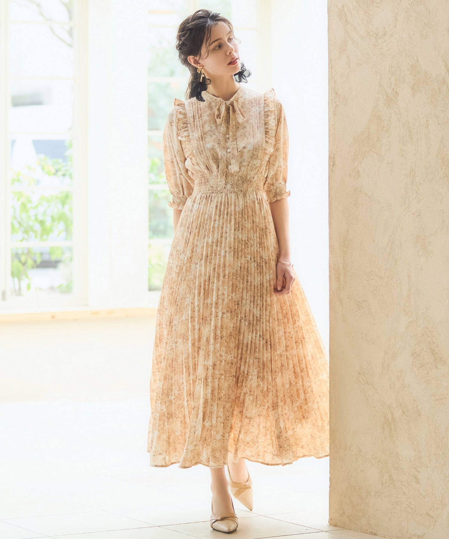ワンピース 花柄 レトロ柄 半袖 プリーツ ミモレ丈dsh0098-104-14